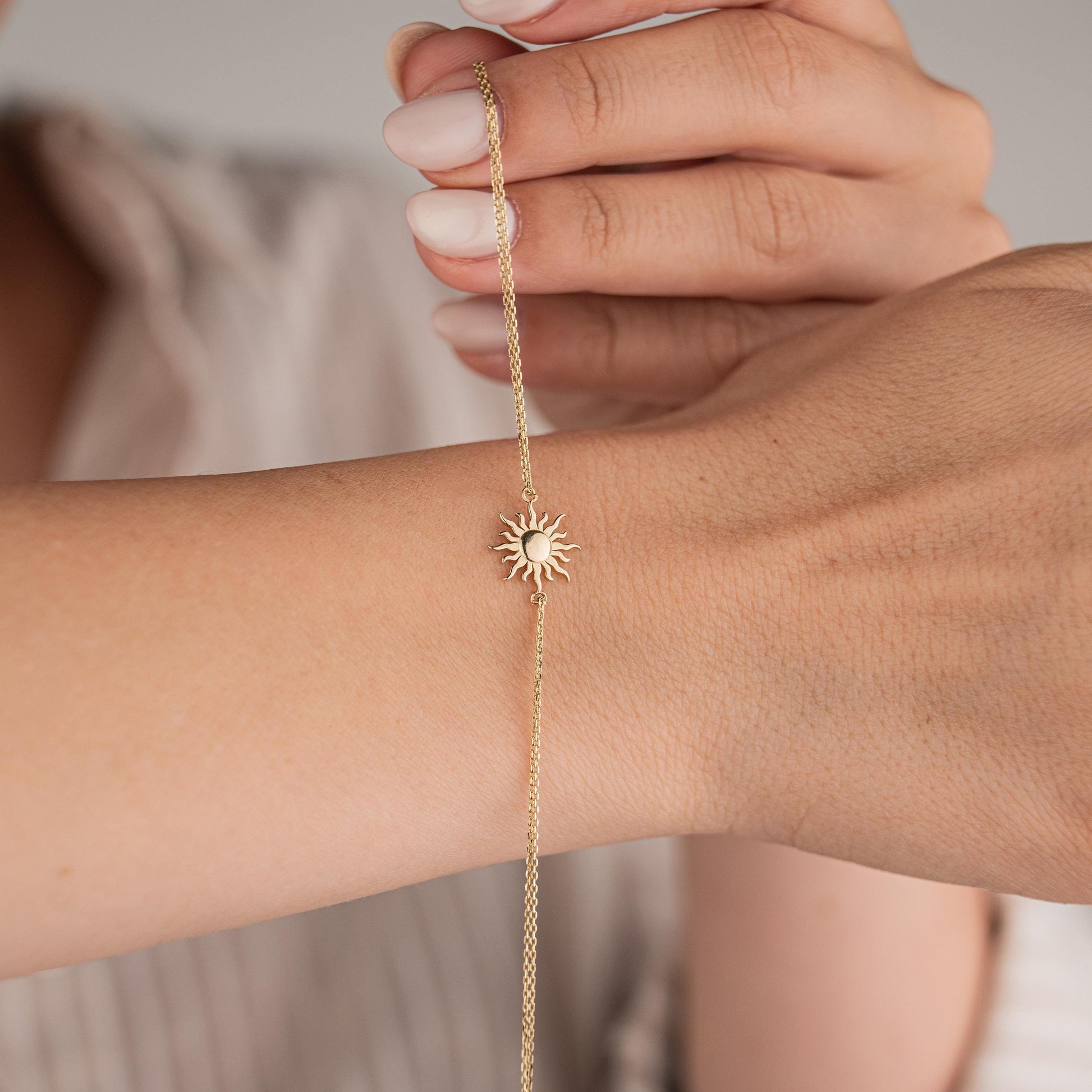 14k Solid Gold Double Chain Sun Bracelet, Celestial Inspired Jewelry, Minimalist Gold Wristwear, Luxury Gift for Her