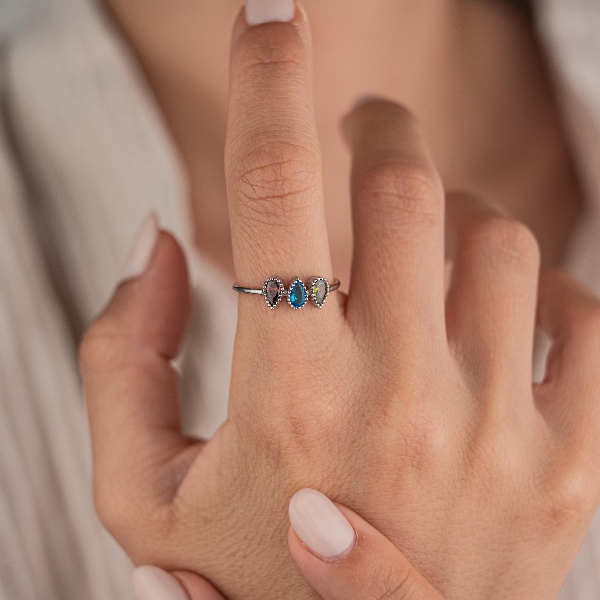 14k Gold Plated Ring with 3 Birthstone Gems, Personalized Gemstone Jewelry, Adjustable Gold Ring, Custom Birthstone Ring, Gift for Her