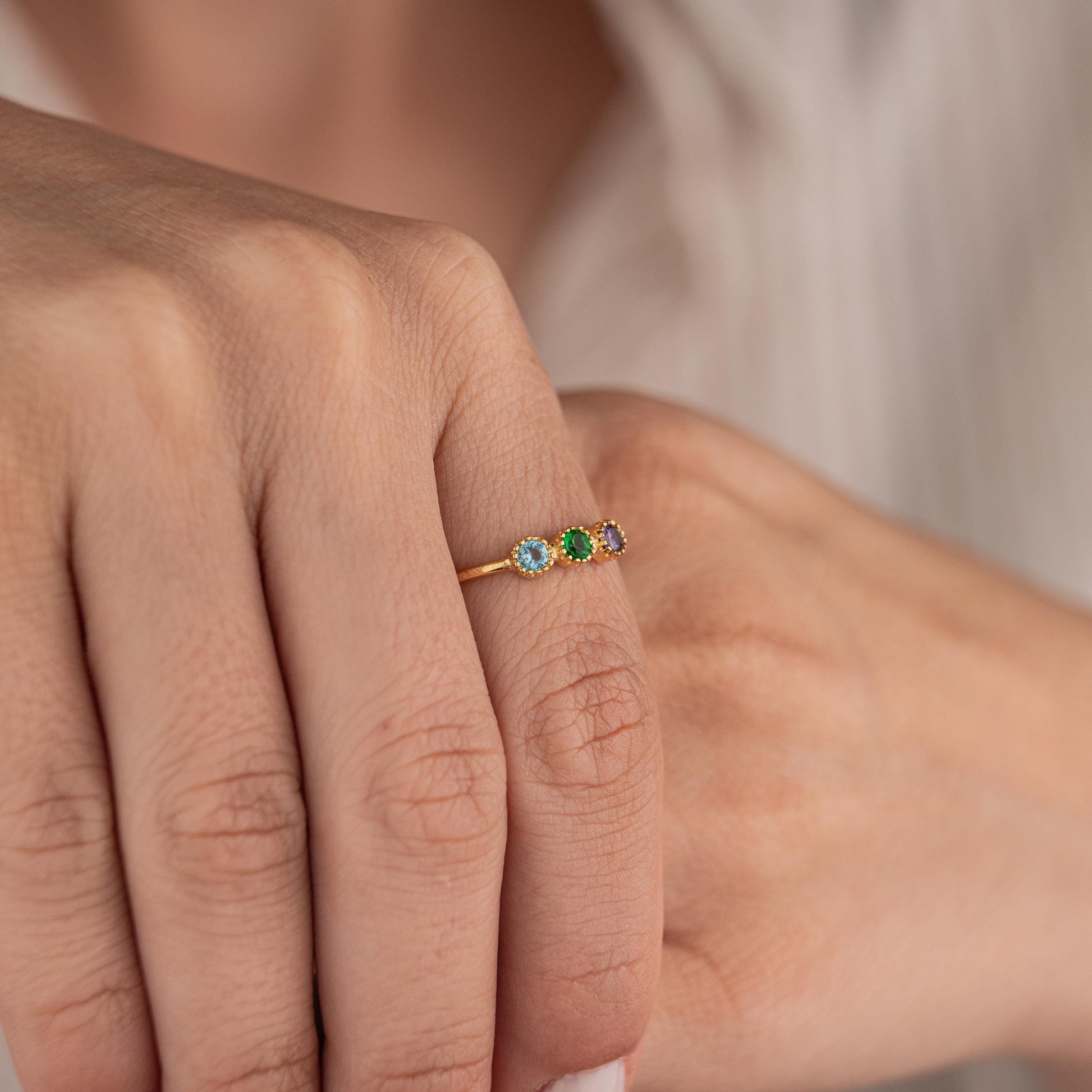 14k Gold Plated Ring with 3 Birthstone Gems, Personalized Adjustable Gold Ring, Custom Birthstone Jewelry, Gift for Her
