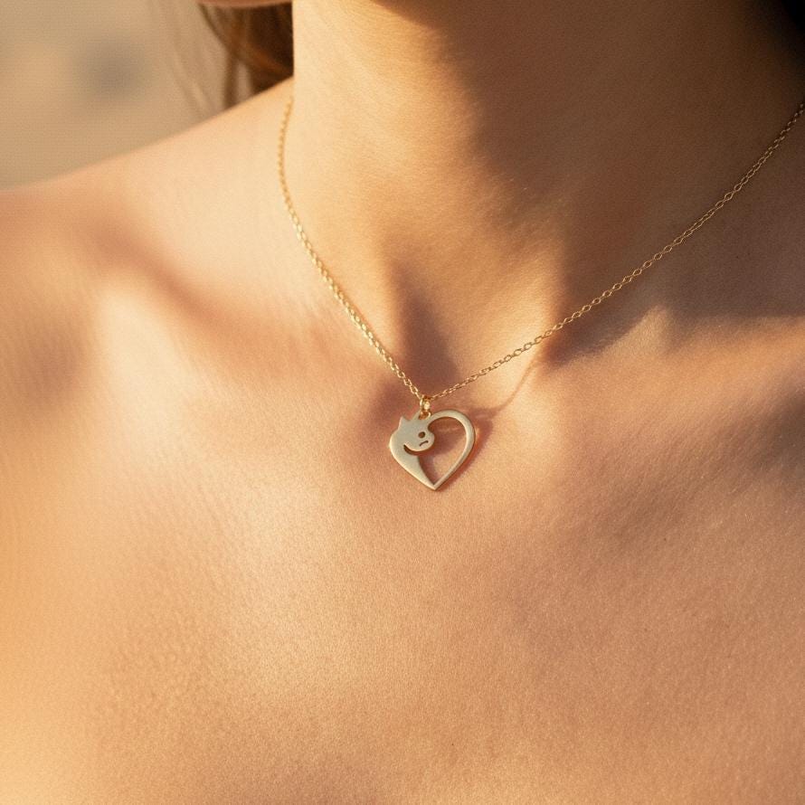 Gold Cat Necklace, Cat Heart Pendant, Cat Lover Gift, Pet Memorial Jewelry, Minimalist Animal Necklace, 14K Gold Plated, Dainty Gift for Her