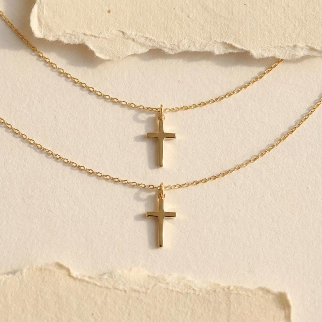 Gold Cross Necklace, Minimalist Cross Pendant, Dainty Religious Jewelry, Valentines Day Gift for Her, 14K Gold Plated, Mothers Day Gift