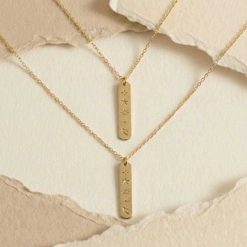 Galaxy Name Necklace, Hidden Message Gift, Custom Celestial Jewelry, Space Symbol Bar Pendant, 14K Gold Plated Personalized, Star Letter