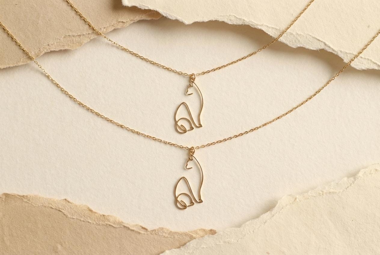 Gold Cat Necklace, Wire Cat Pendant, Cat Lover Gift, Pet Memorial, Minimalist Jewelry, Animal Charm, 14K Gold Plated