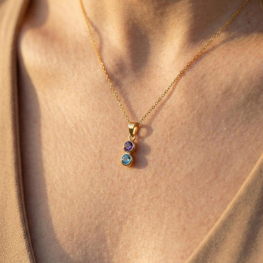 2 Birthstone Necklace, Family Birthstone, Custom Mom Gift, Dual Stone Pendant, Personalized Jewelry for Her, Gold Plated Mother Necklace