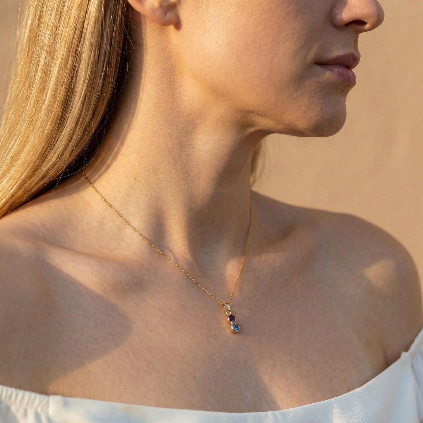 2 Birthstone Necklace, Family Birthstone, Custom Mom Gift, Dual Stone Pendant, Personalized Jewelry for Her, Gold Plated Mother Necklace