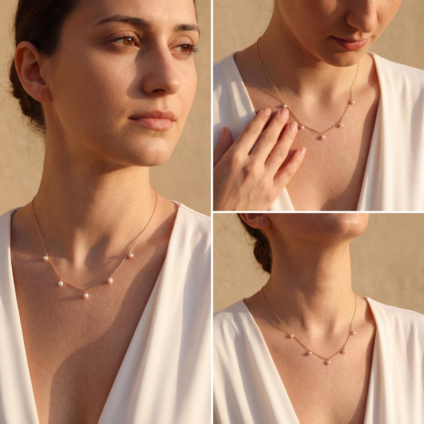 Gold Pearl Necklace, Dainty Station Chain, Mother's Day Gift, Bridesmaid Jewelry, Minimalist Drop Choker, Wedding Necklace for Bride