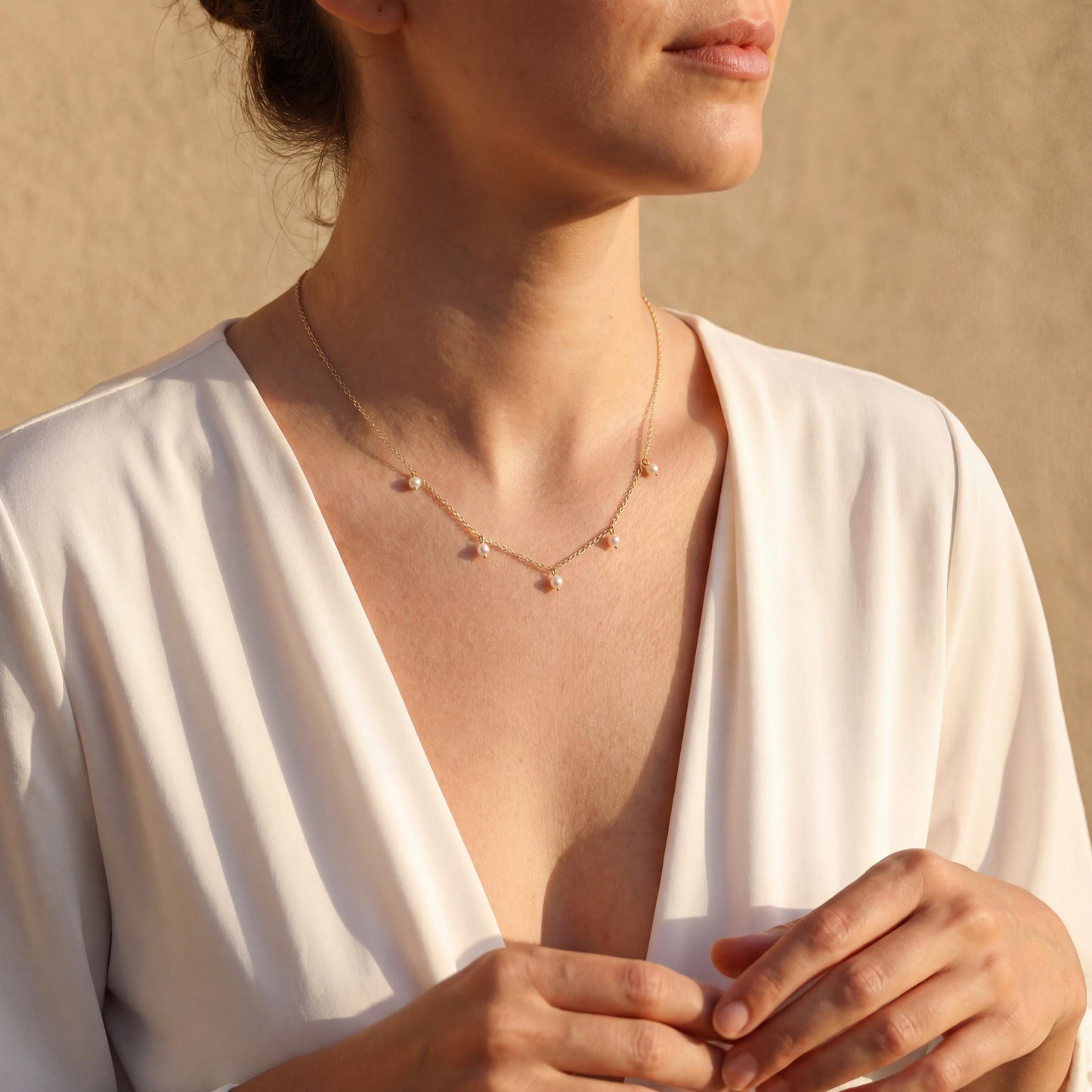 Gold Pearl Necklace, Dainty Station Chain, Mother's Day Gift, Bridesmaid Jewelry, Minimalist Drop Choker, Wedding Necklace for Bride