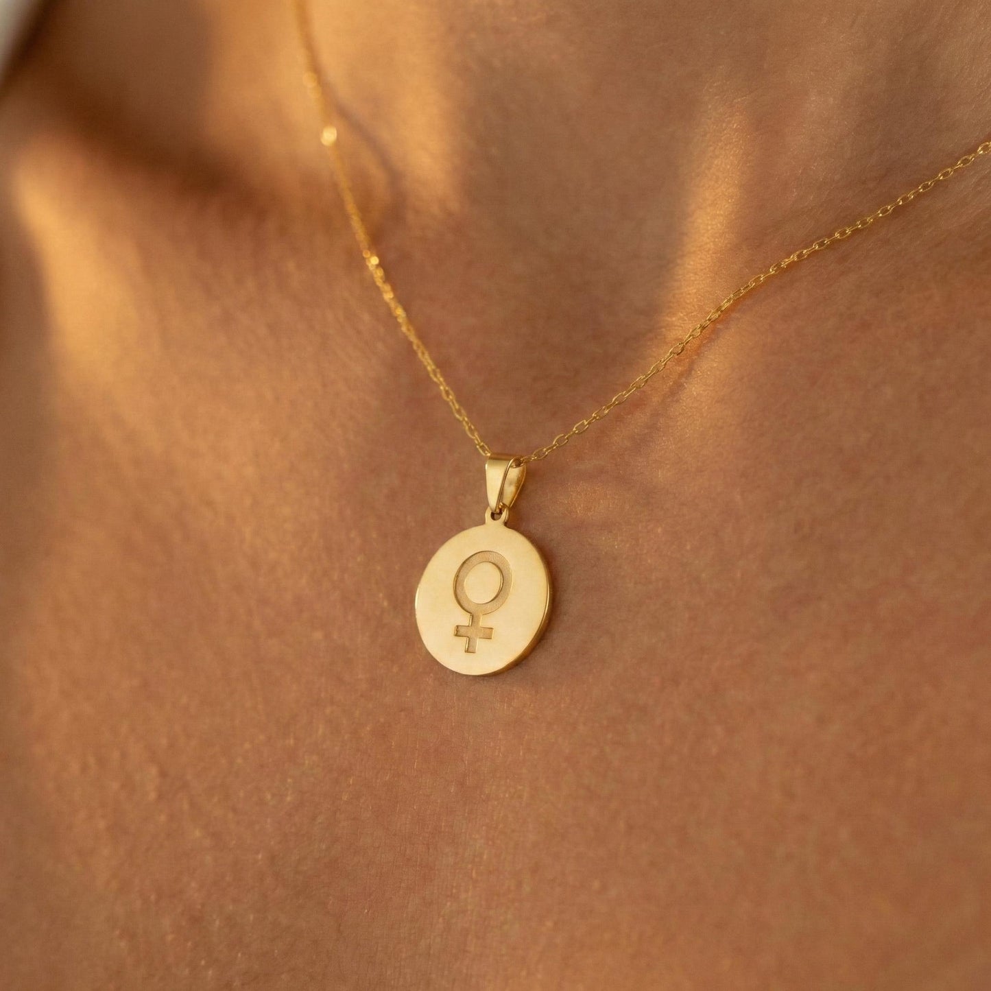 Female Symbol Necklace, Gold Venus Pendant, Feminist Jewelry, Dainty Coin Charm, Women Empowerment Gift, Mothers Day Gift for Her