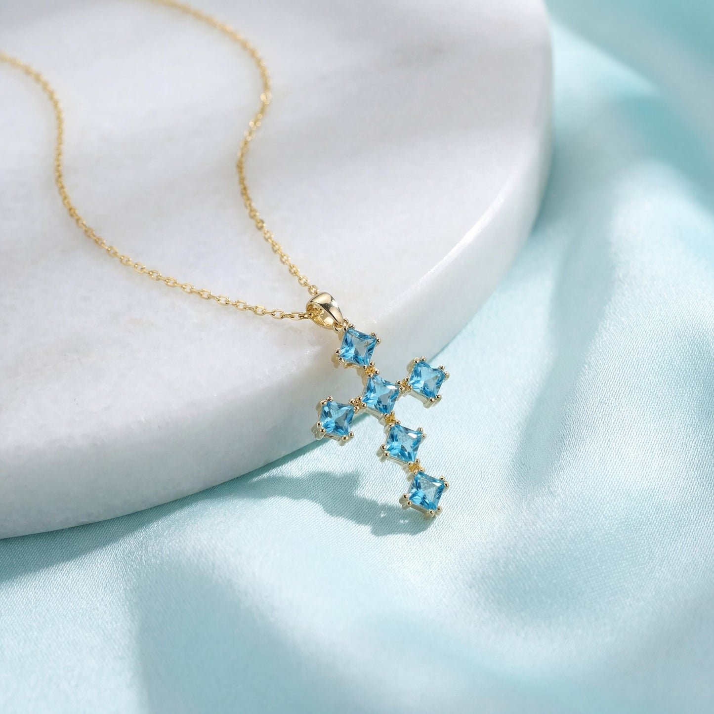 Blue Cross Necklace, Turquoise Pendant, Mothers Day Gift, Religious Jewelry, Dainty Christian Charm, Birthstone Cross, Faith Necklace