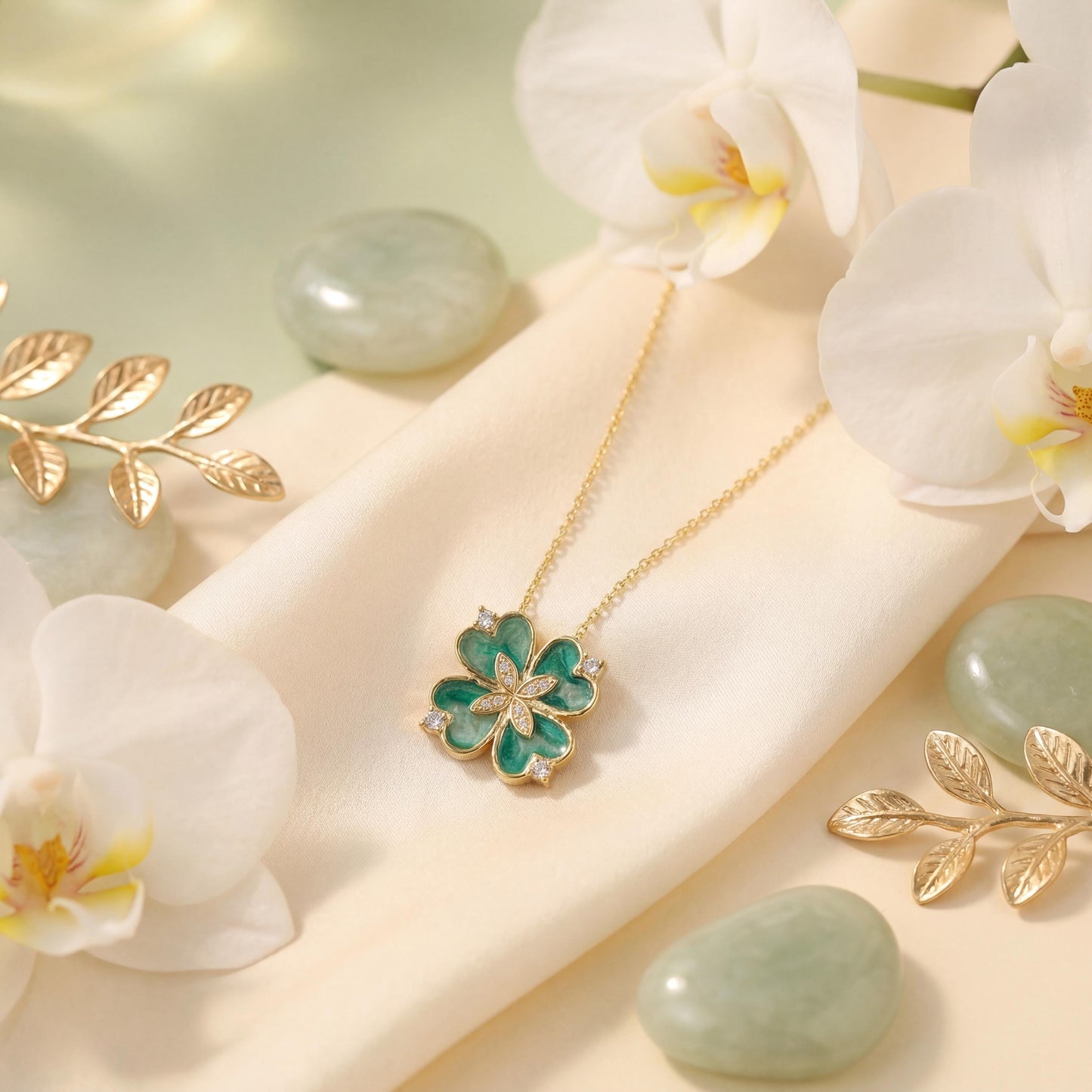 Green Clover Necklace, Four Leaf Clover Pendant, Lucky Charm Jewelry, St Patricks Day Gift, Mothers Day Gift for Mom, Floral Choker