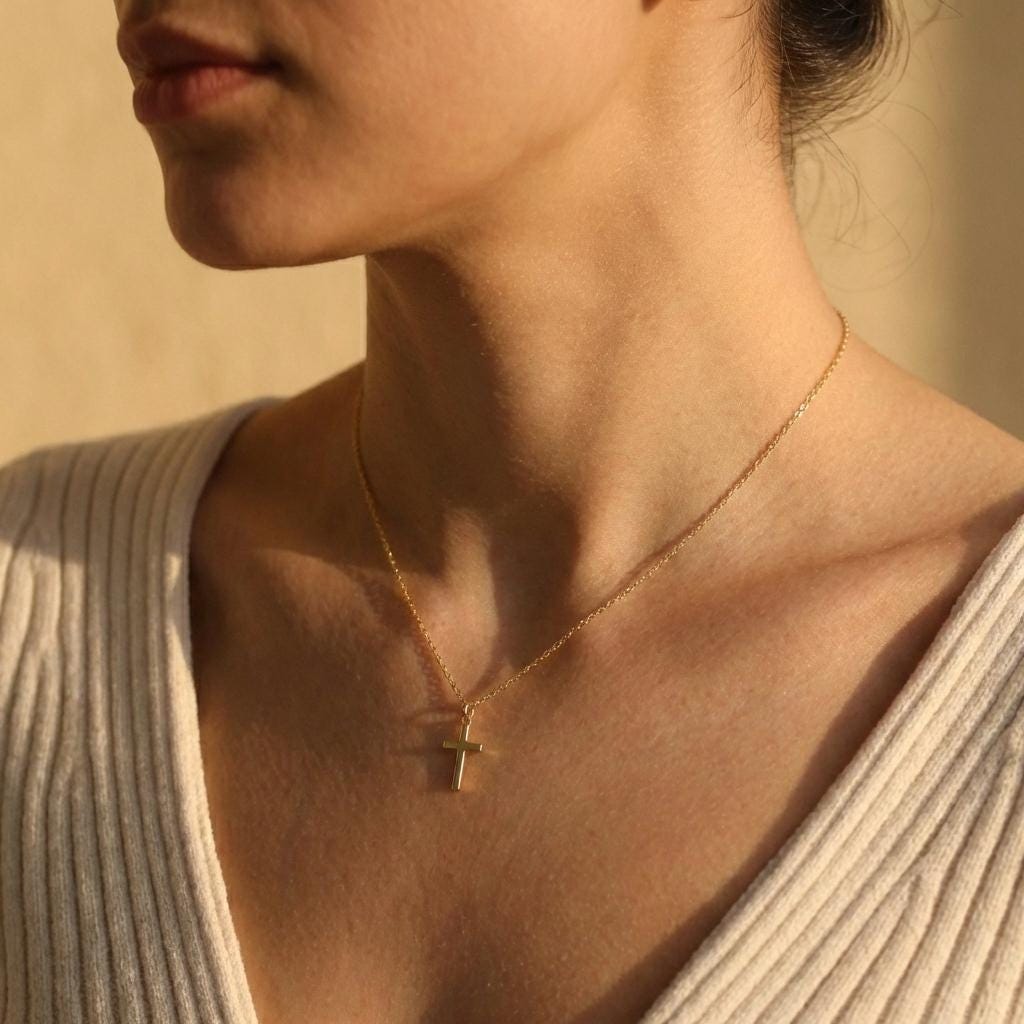 Gold Cross Necklace, Minimalist Cross Pendant, Dainty Religious Jewelry, Valentines Day Gift for Her, 14K Gold Plated, Mothers Day Gift