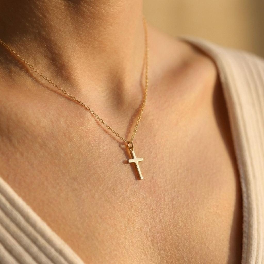 Gold Cross Necklace, Minimalist Cross Pendant, Dainty Religious Jewelry, Valentines Day Gift for Her, 14K Gold Plated, Mothers Day Gift