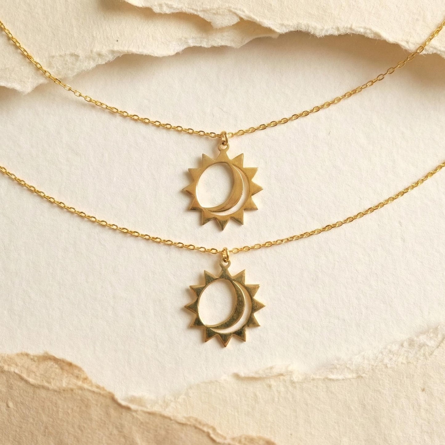 Sun Moon Necklace, Celestial Jewelry, 14K Gold Plated, Boho Sun Pendant, Moon Phase Charm, Valentine Gift for Her, Mothers Day