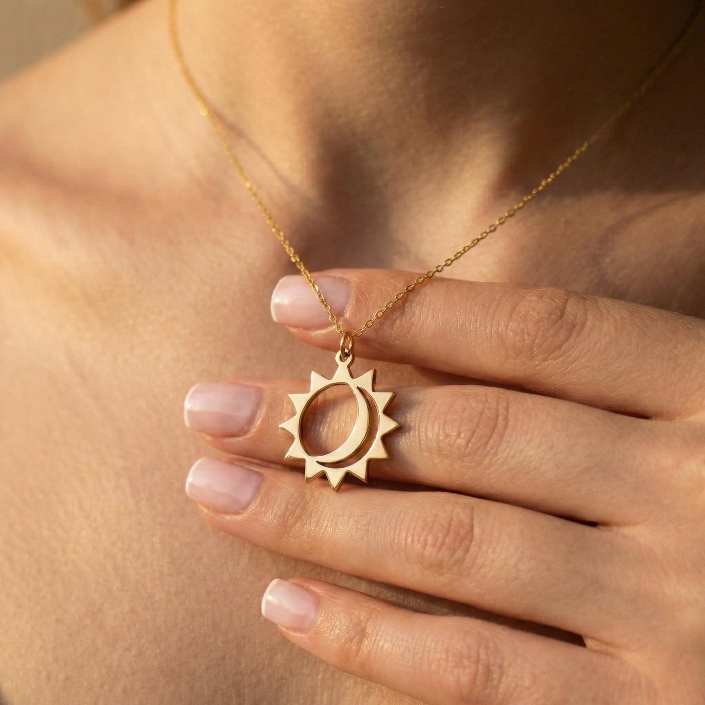 Sun Moon Necklace, Celestial Jewelry, 14K Gold Plated, Boho Sun Pendant, Moon Phase Charm, Valentine Gift for Her, Mothers Day