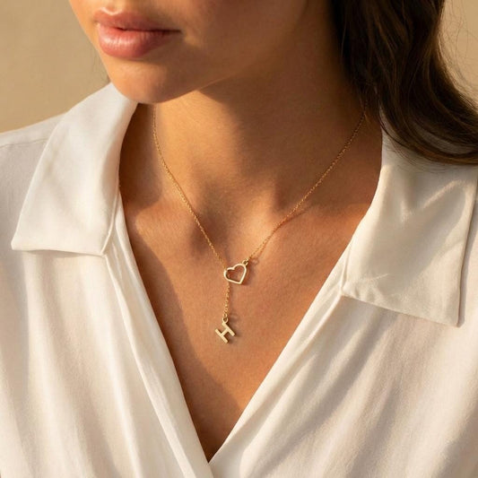 Custom Initial Necklace, Heart Lariat Necklace, Personalized Gift For Her, 14K Gold Letter, Valentines Day Jewelry, Dainty Y Necklace