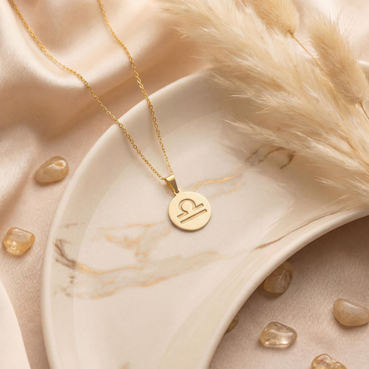 Minimalist round Libra zodiac coin necklace on model, dainty astrology pendant gift for September and October birthdays, celestial jewelry style