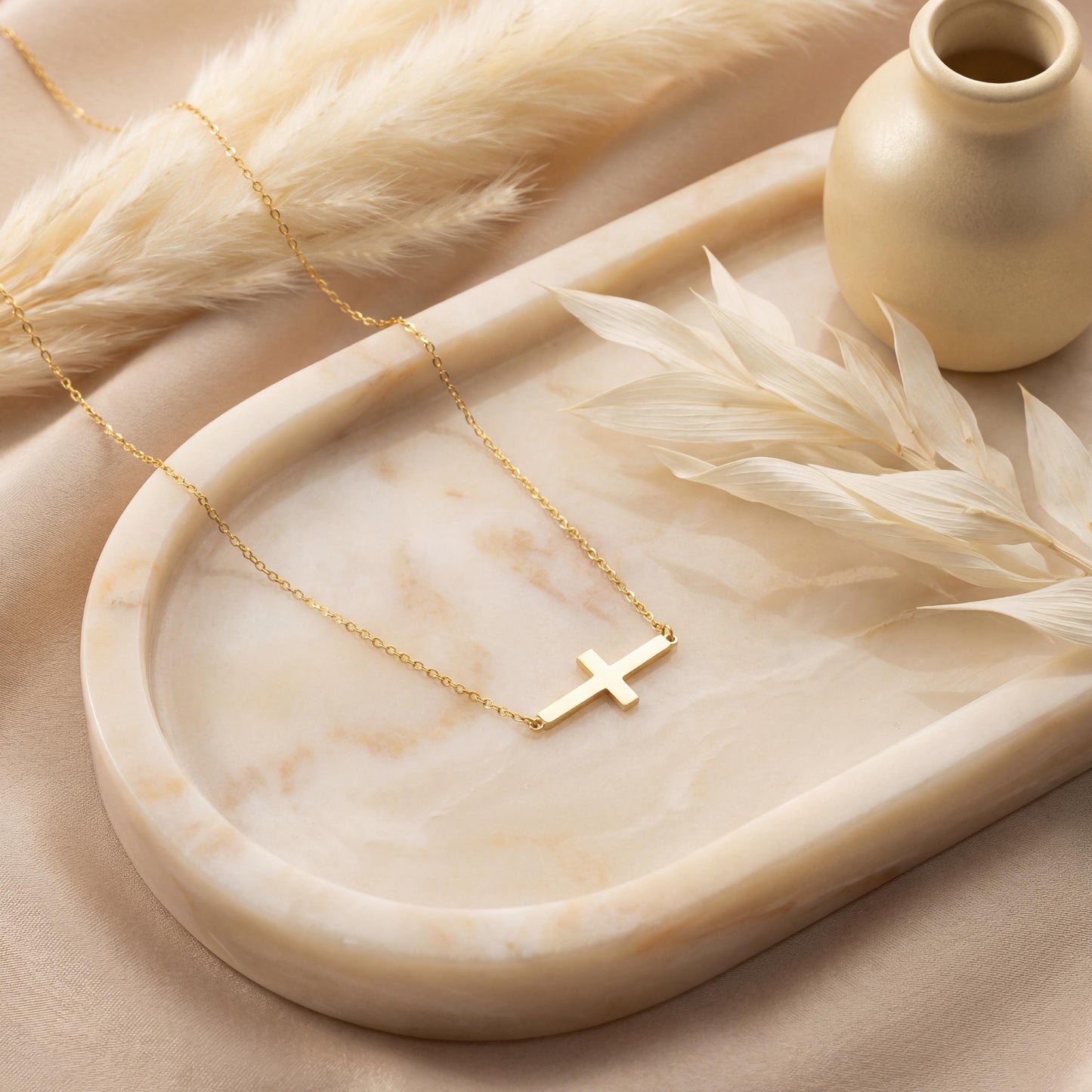 Minimalist sideways cross necklace in 14k gold plated on model, off center horizontal cross pendant for women, dainty religious confirmation gift