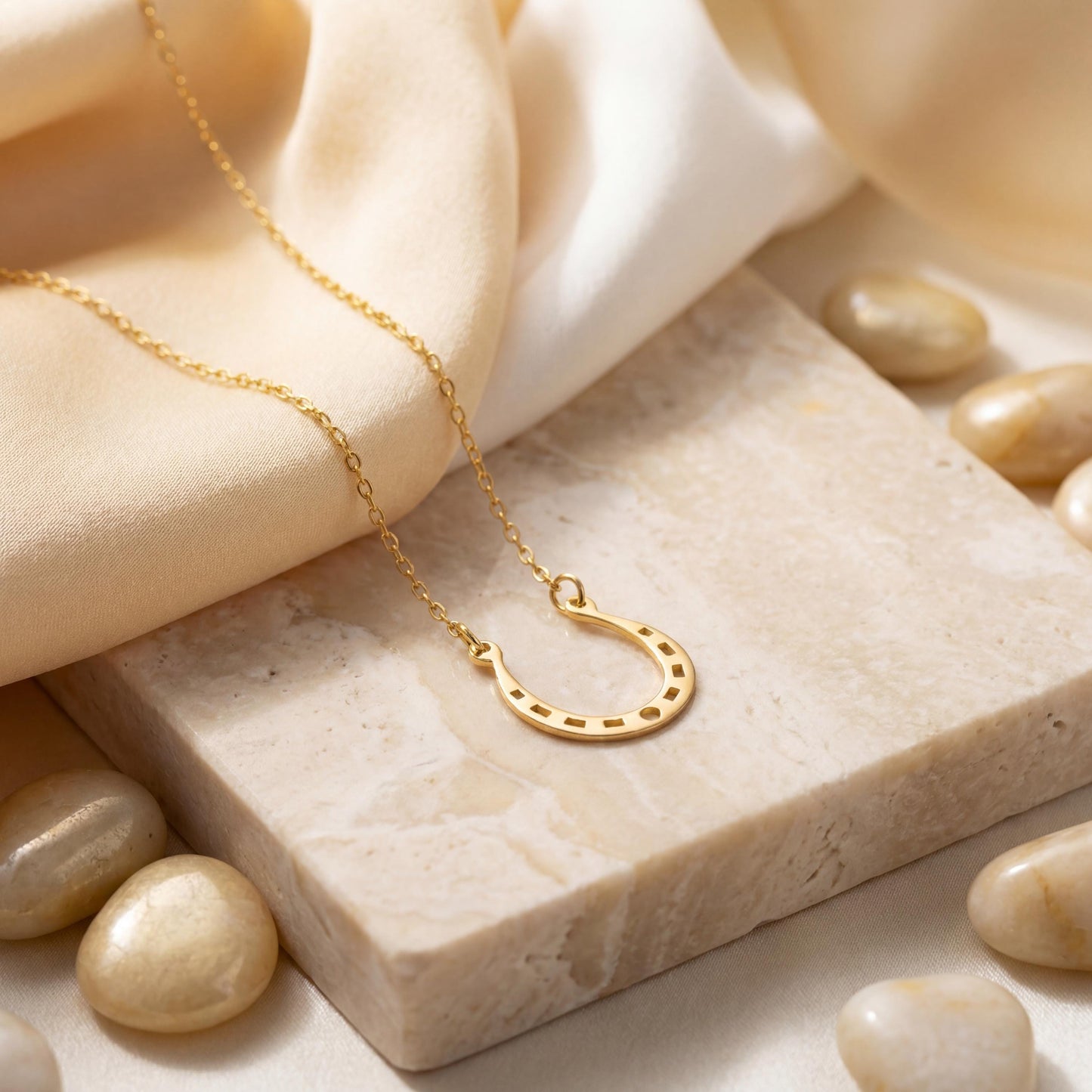 Dainty 14K gold horseshoe necklace worn delicately on a woman's neck, minimalist lucky charm pendant jewelry ideal for everyday wear and thoughtful Mother's day gift.