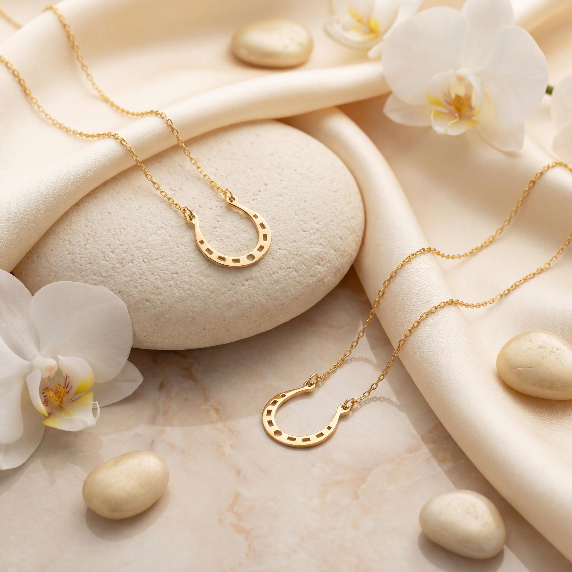 Dainty 14K gold horseshoe necklace worn delicately on a woman's neck, minimalist lucky charm pendant jewelry ideal for everyday wear and thoughtful Mother's day gift.