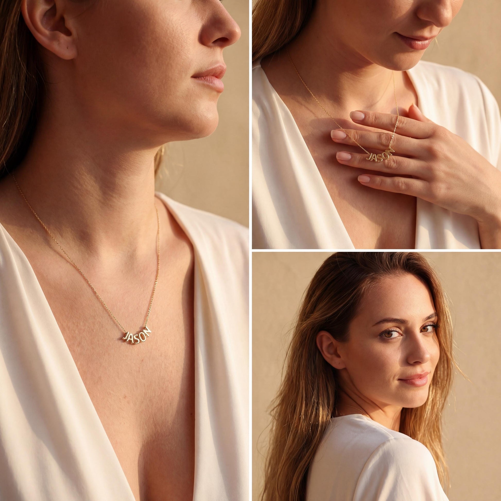 Dainty custom name necklace, elegantly worn by a woman, perfect personalized minimalist jewelry gift for Mother's Day