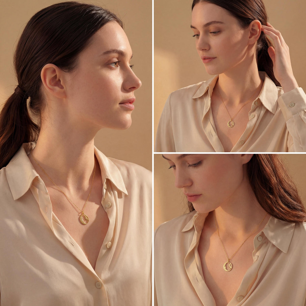 14K gold plated dainty sun and crescent moon face pendant necklace worn by a woman, celestial minimalist boho jewelry.