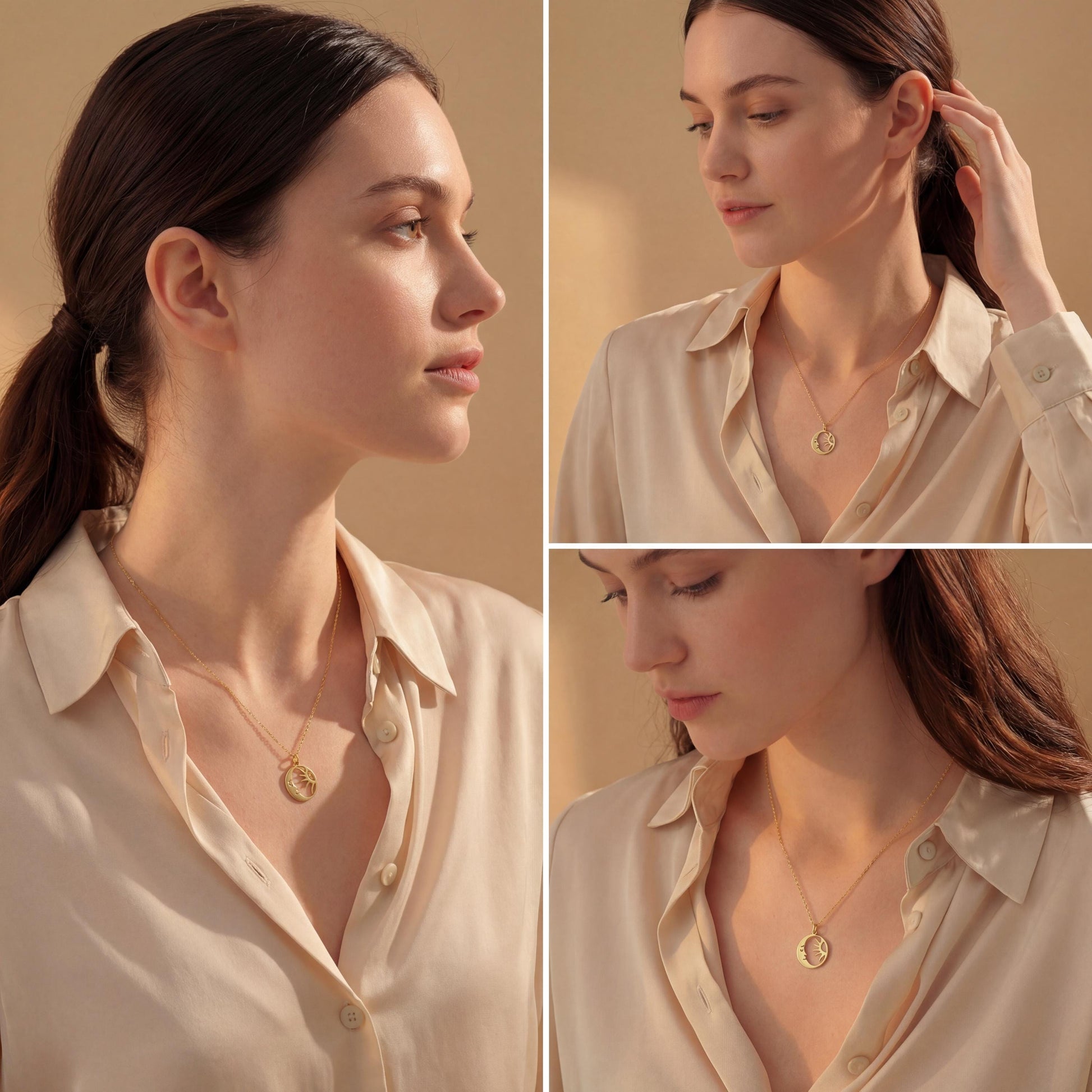 14K gold plated dainty sun and crescent moon face pendant necklace worn by a woman, celestial minimalist boho jewelry.