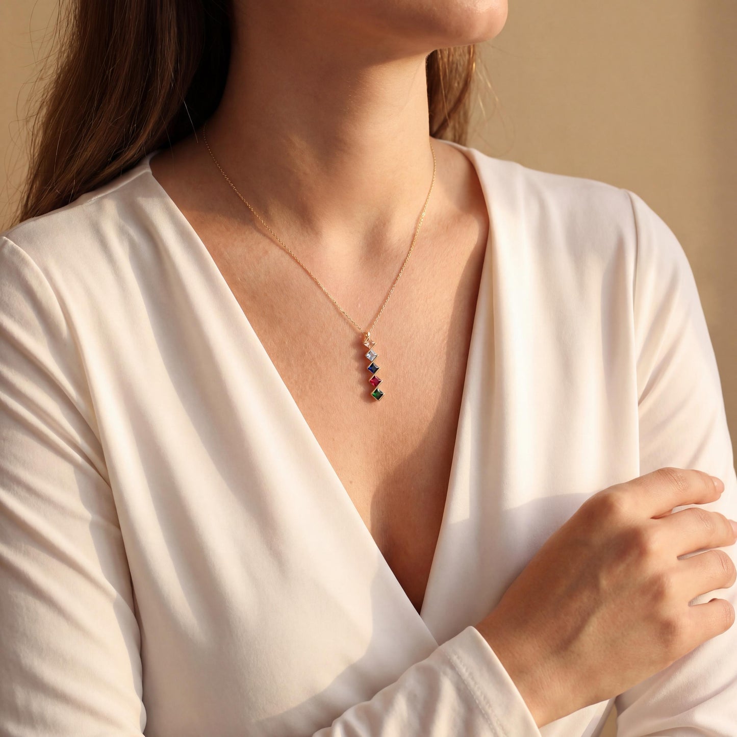 Family Birthstone Necklace, Mothers Necklace, Custom Gemstone Pendant, Mothers Day Gift for Mom, Grandma Jewelry, Dainty Vertical Charm
