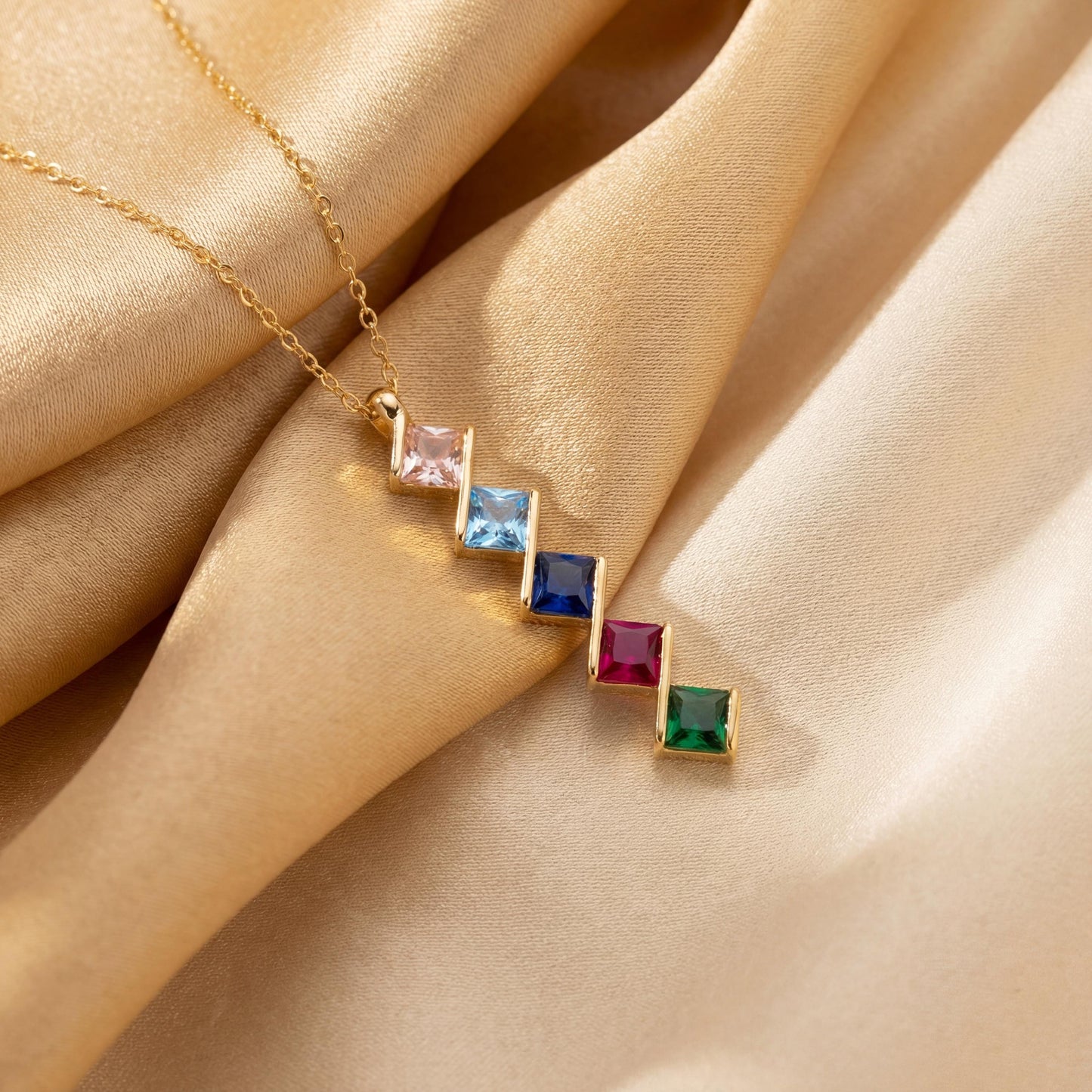 Family Birthstone Necklace, Mothers Necklace, Custom Gemstone Pendant, Mothers Day Gift for Mom, Grandma Jewelry, Dainty Vertical Charm