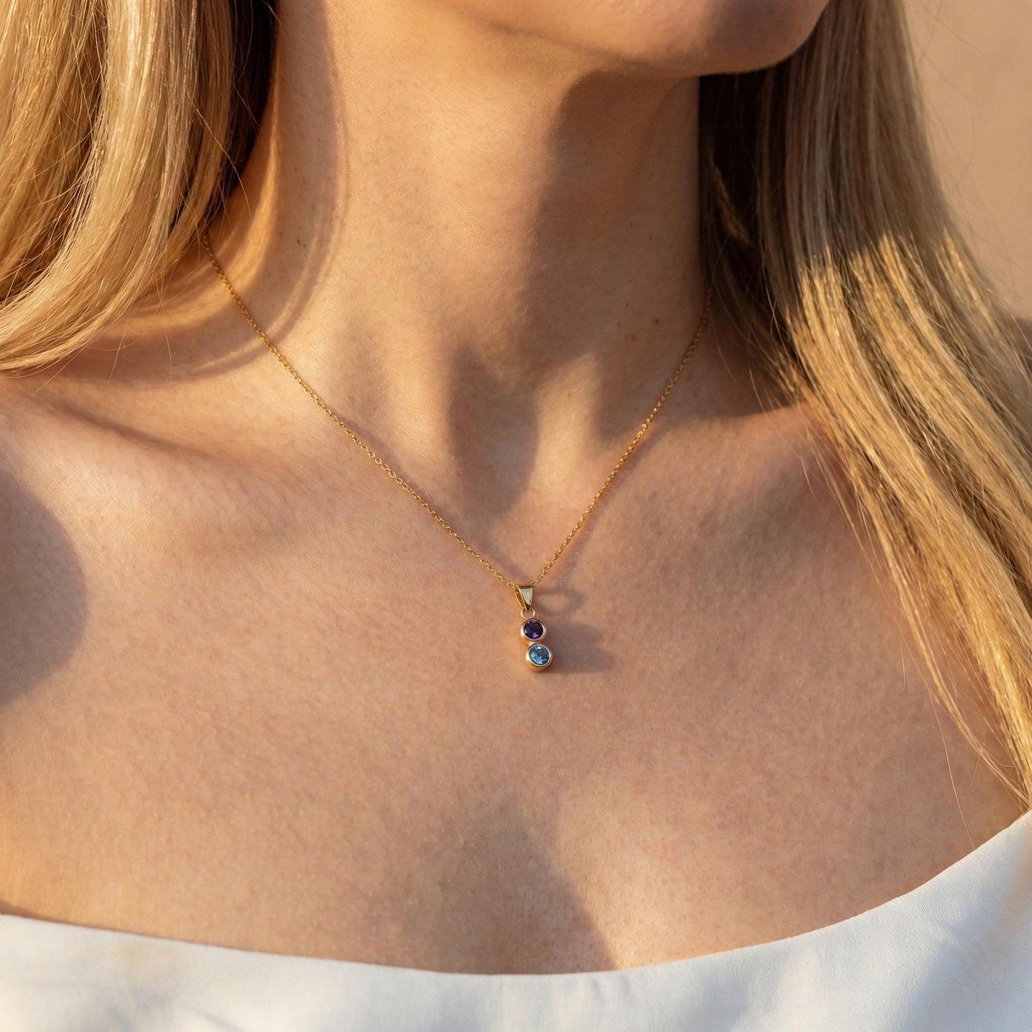 2 Birthstone Necklace, Family Birthstone, Custom Mom Gift, Dual Stone Pendant, Personalized Jewelry for Her, Gold Plated Mother Necklace
