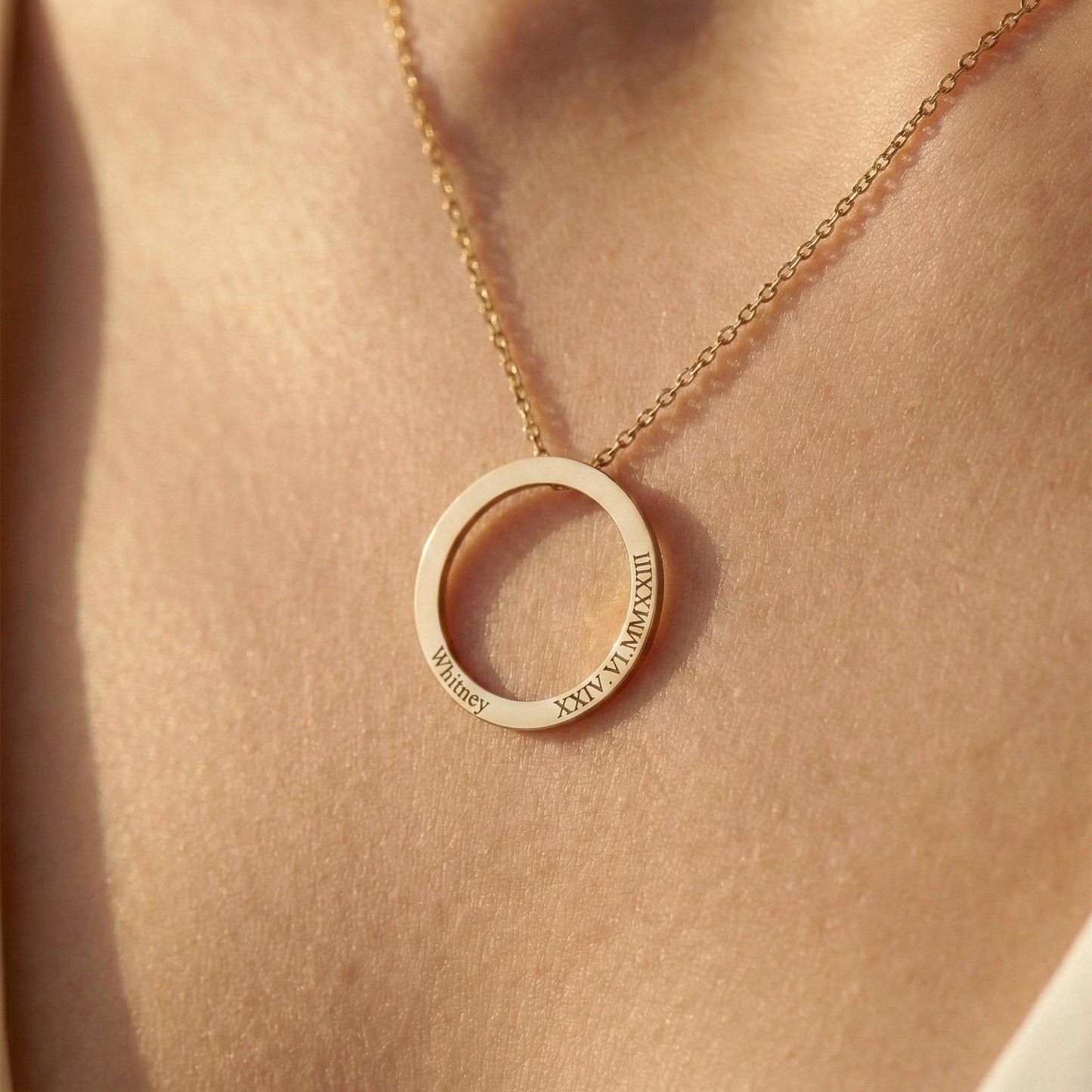 Custom Name Necklace, Personalized Circle Necklace, 14K Gold Roman Numeral Pendant, Mothers Day Gift, New Mom Jewelry, Anniversary Gift