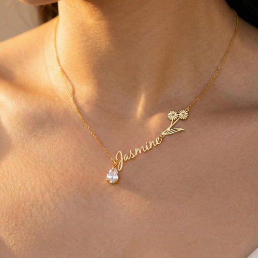 Birth Flower Name Necklace, Custom Birthstone Jewelry, Personalized Mom Gift, Dainty Floral Pendant, Bridesmaid Proposal, Gift For Her