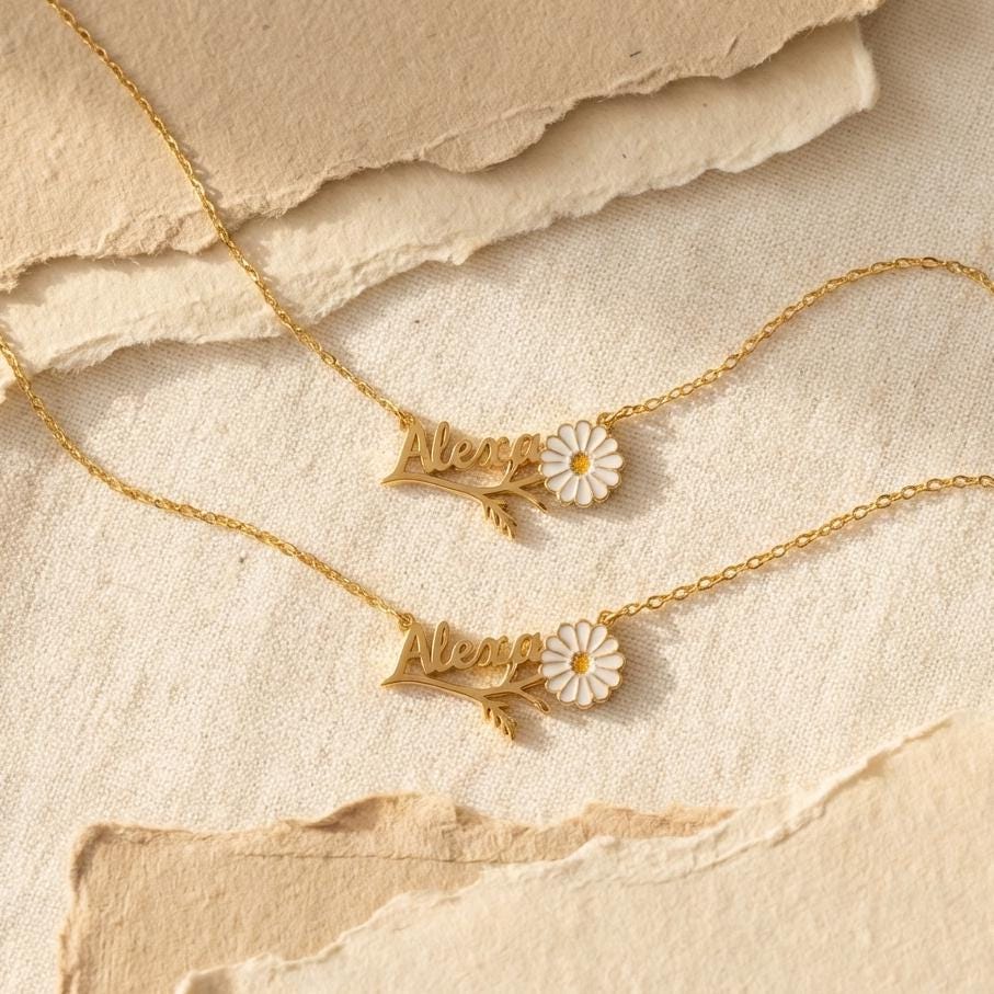 Daisy Name Necklace, Custom Flower Pendant, Personalized Gift for Mom, Spring Jewelry, Floral Nameplate, Gift for Her, Birthday Gift, Dainty