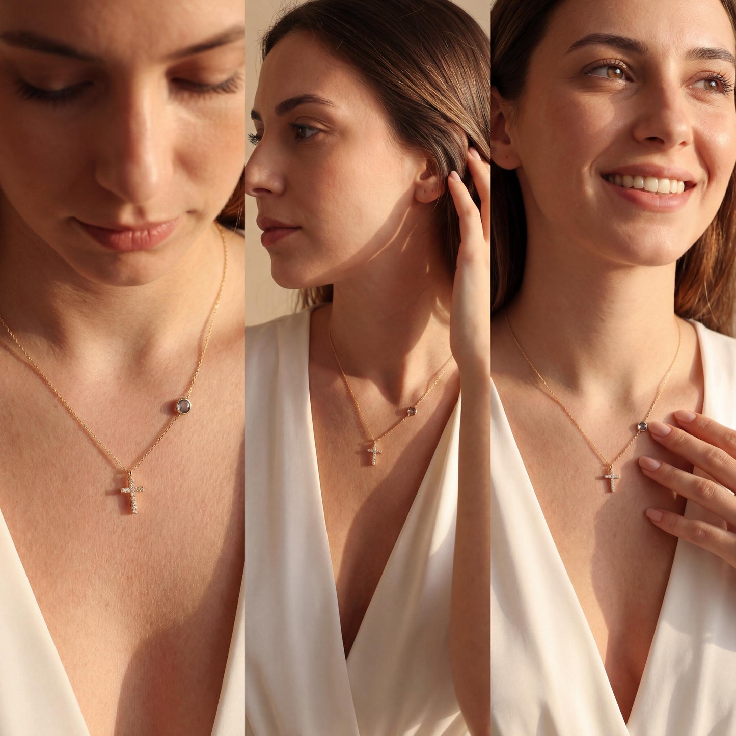 Dainty gold chain necklace featuring a small pave diamond cross pendant and a round bezel-set birthstone charm, worn by a model. Personalized minimalist religious jewelry.