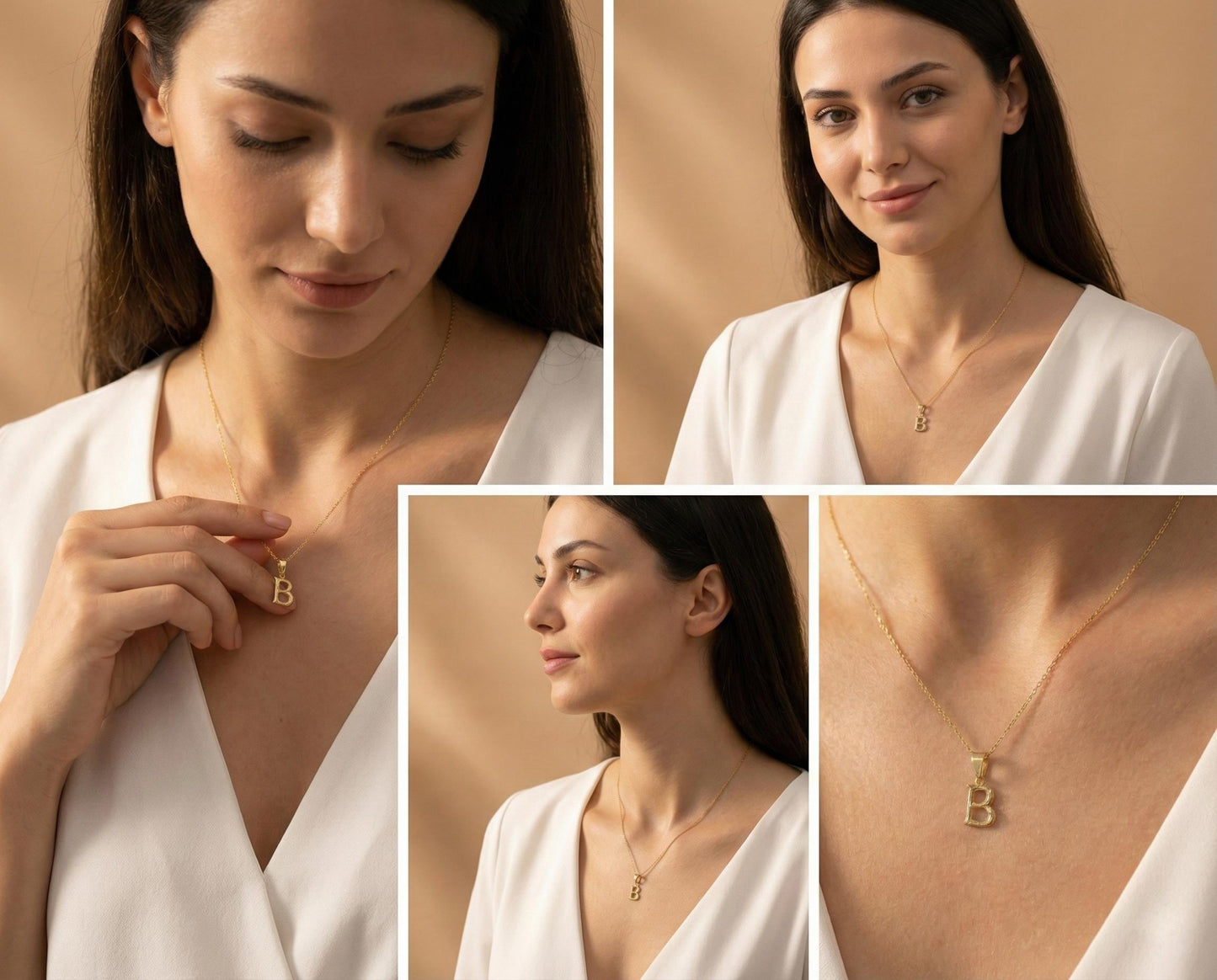 Gold color bamboo texture initial necklace letter pendant on model, minimalist personalized jewelry for mothers day gift.