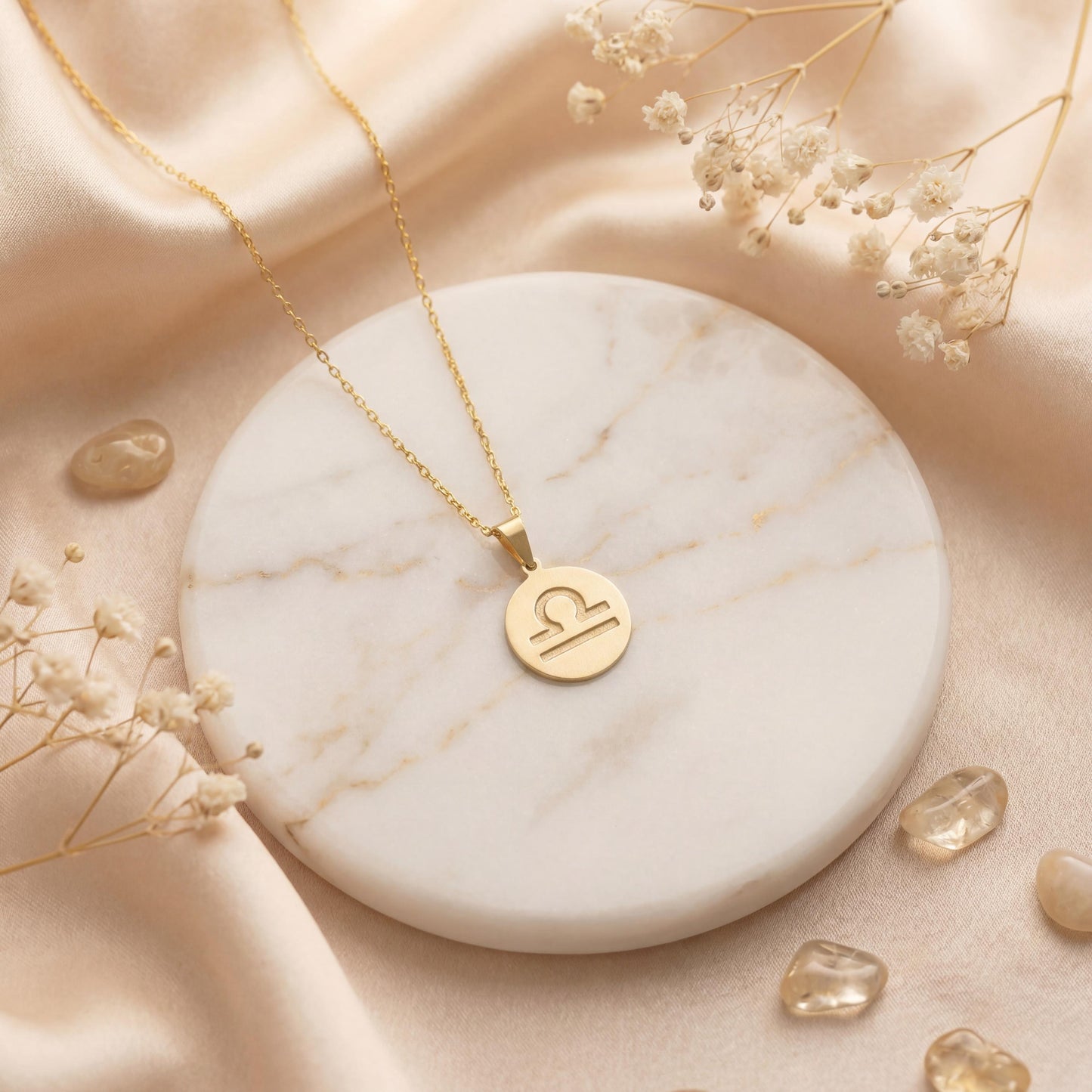 Minimalist round Libra zodiac coin necklace on model, dainty astrology pendant gift for September and October birthdays, celestial jewelry style