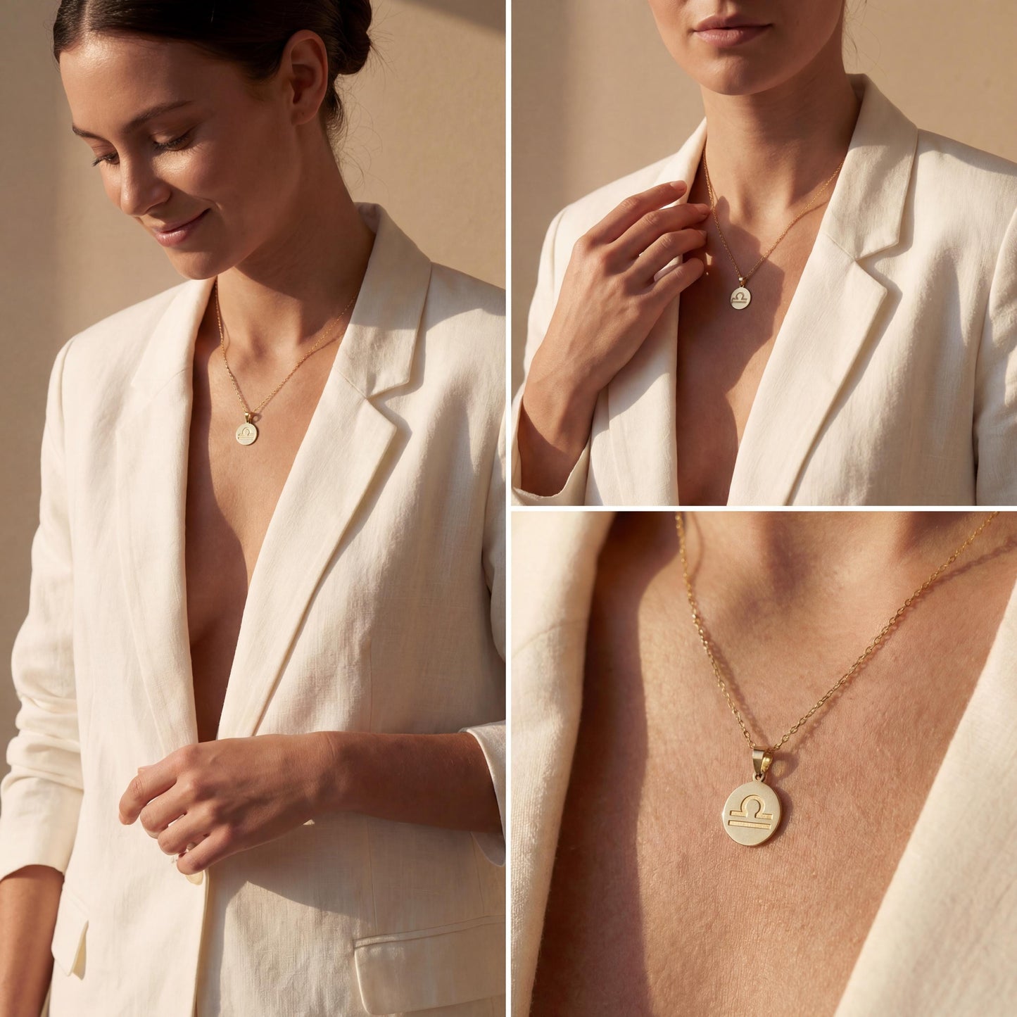 Minimalist round Libra zodiac coin necklace on model, dainty astrology pendant gift for September and October birthdays, celestial jewelry style