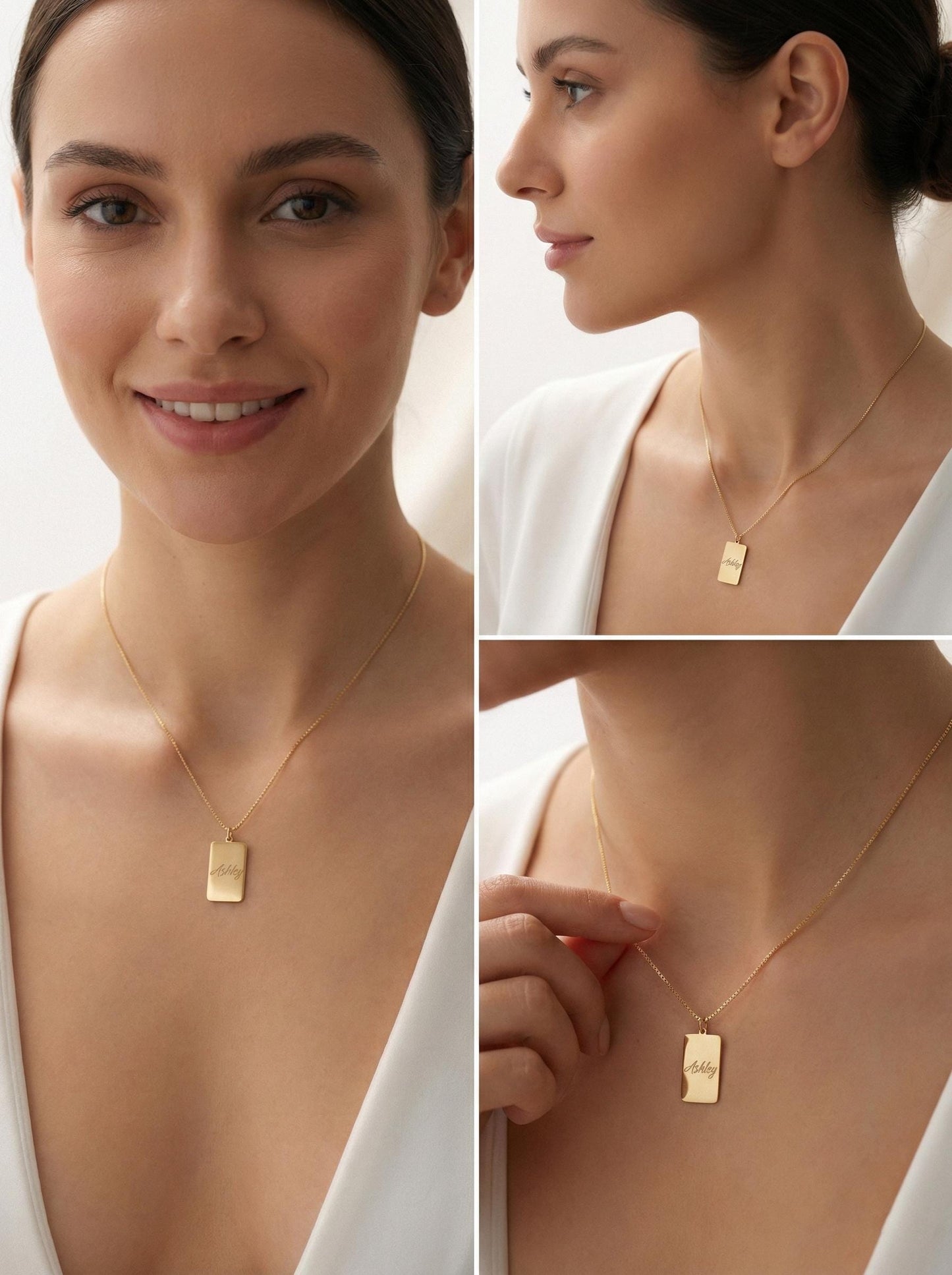 Gold vertical bar necklace on a model's neck, personalized with the engraved name Ashley in cursive font. Minimalist rectangular pendant gift for mother's day.