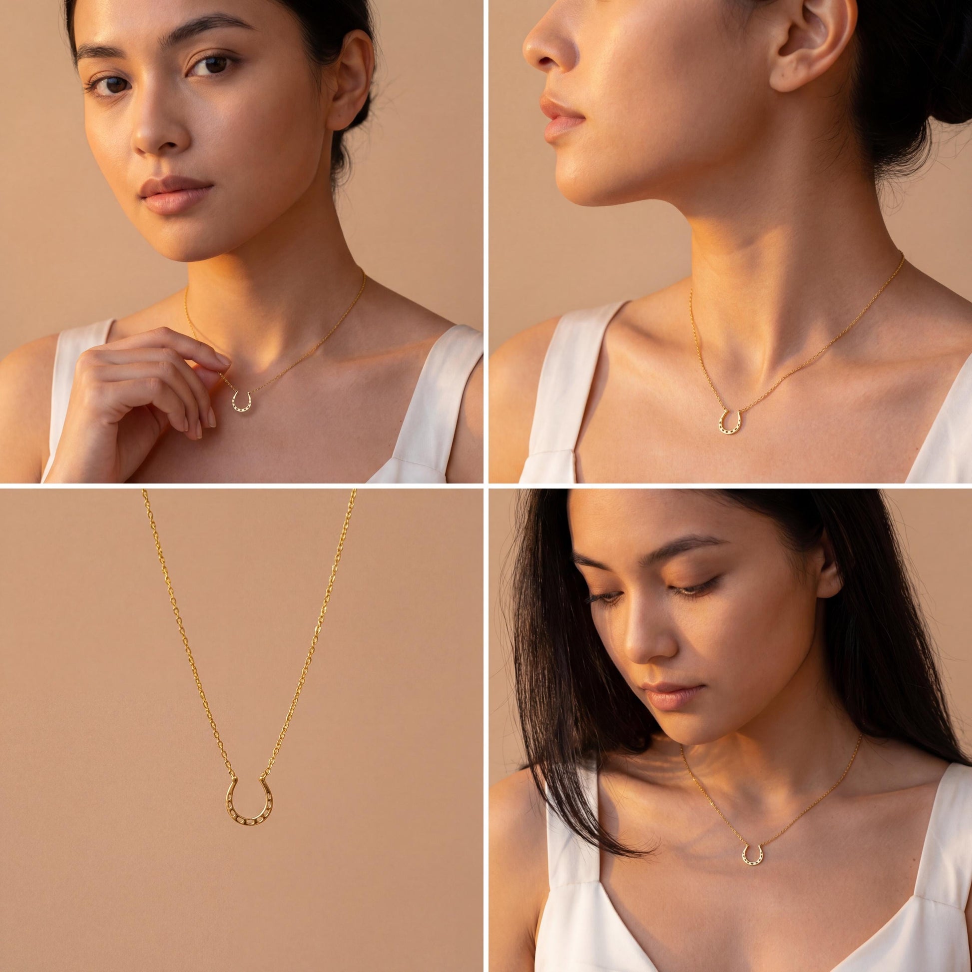 Dainty 14K gold horseshoe necklace worn delicately on a woman's neck, minimalist lucky charm pendant jewelry ideal for everyday wear and thoughtful Mother's day gift.