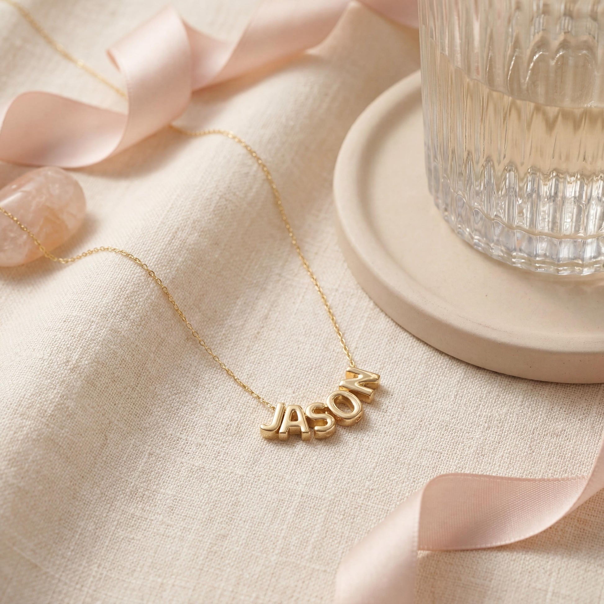 Dainty custom name necklace, elegantly worn by a woman, perfect personalized minimalist jewelry gift for Mother's Day
