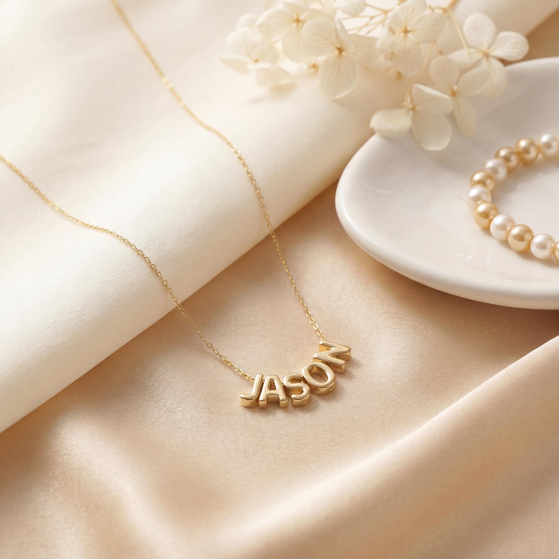 Dainty custom name necklace, elegantly worn by a woman, perfect personalized minimalist jewelry gift for Mother's Day