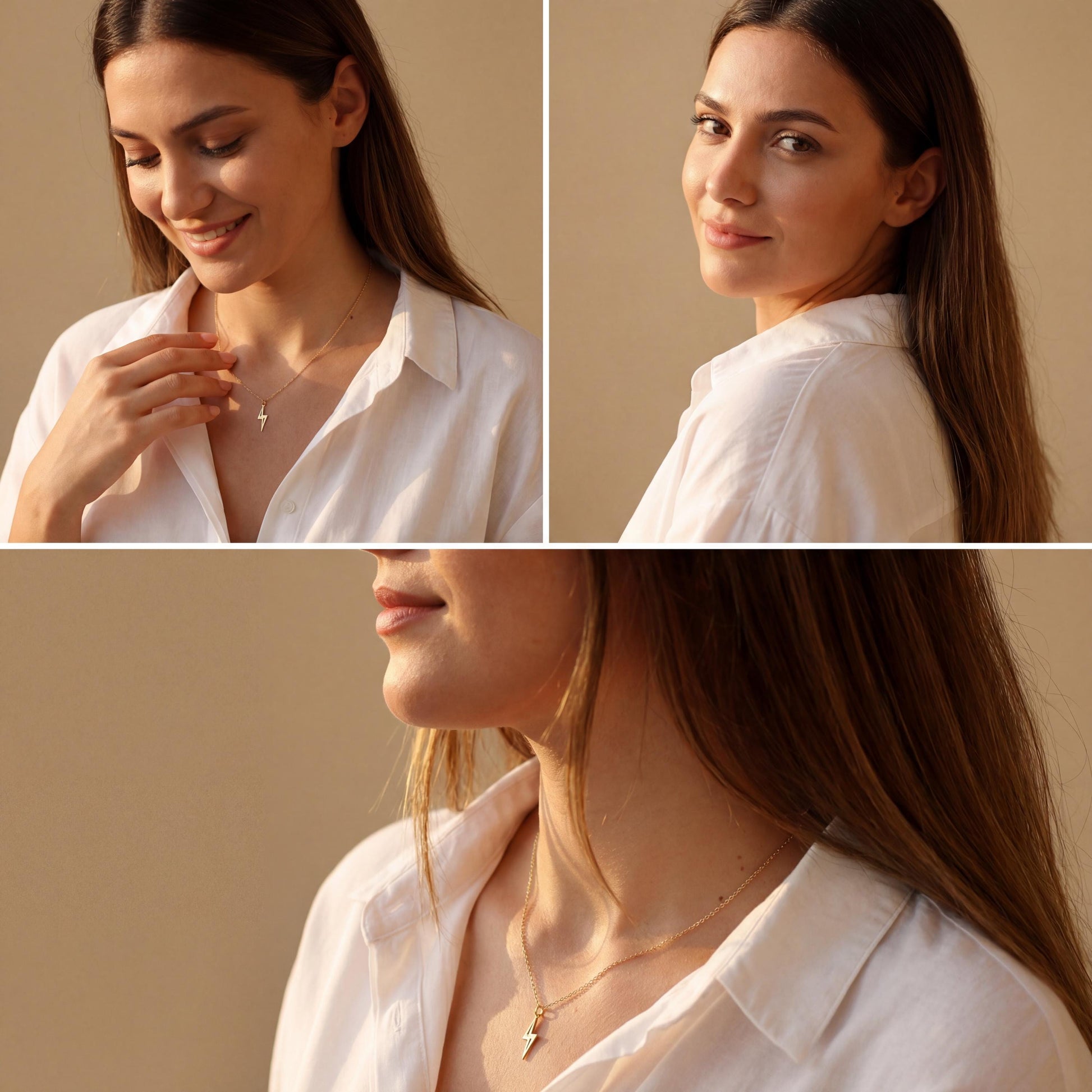 Close-up of a delicate minimalist 14k gold plated lightning bolt pendant necklace worn by a woman in a white shirt, glowing in soft sunlight.