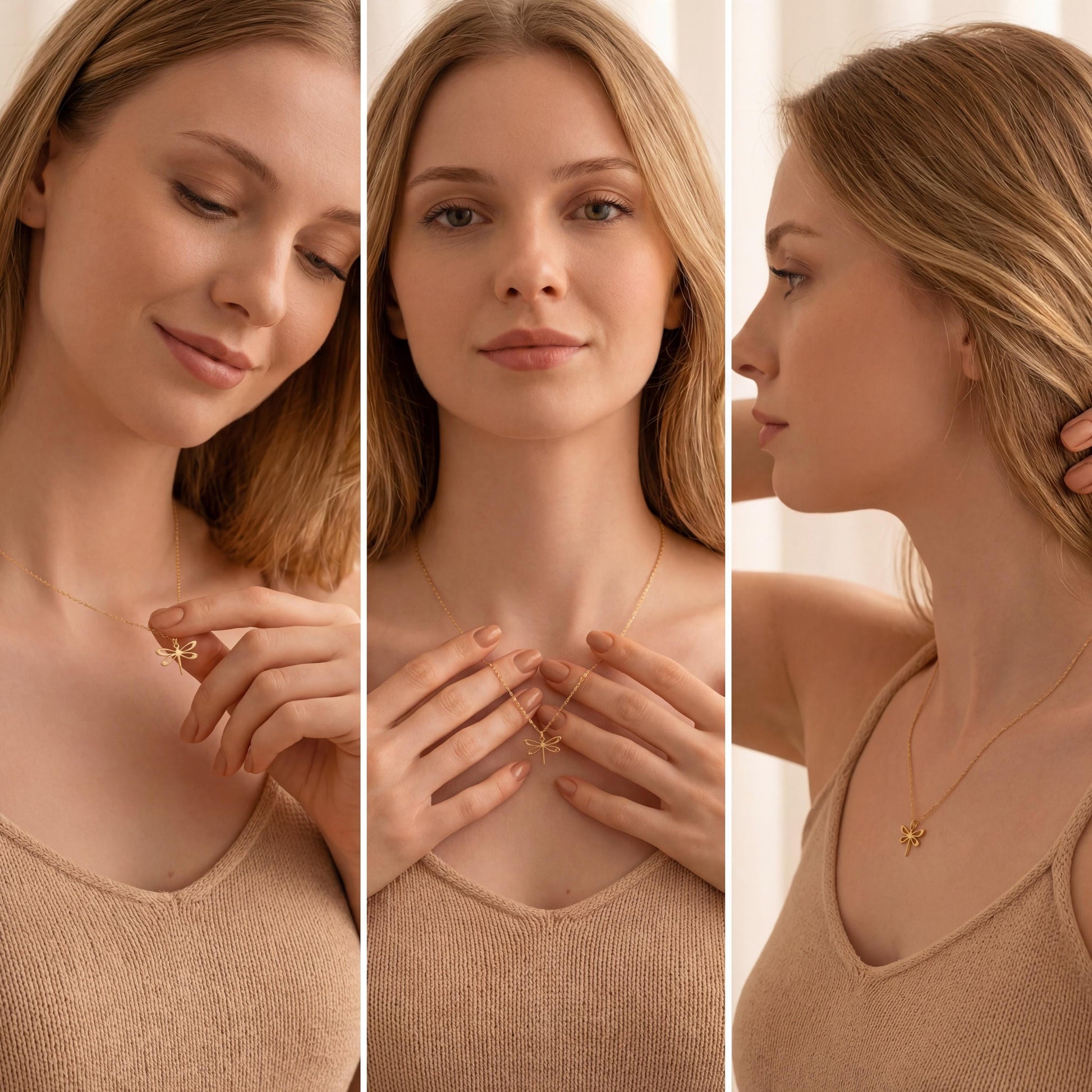 Minimalist 14K gold plated dragonfly necklace worn by a blonde woman, delicate insect pendant resting on collarbone, elegant Mother's Day jewelry gift idea.