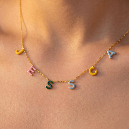 Custom Name Necklace, Enamel Letter Choker, Colorful Spaced Name, Personalized Mom Gift, Mothers Day Jewelry, Custom Word Necklace