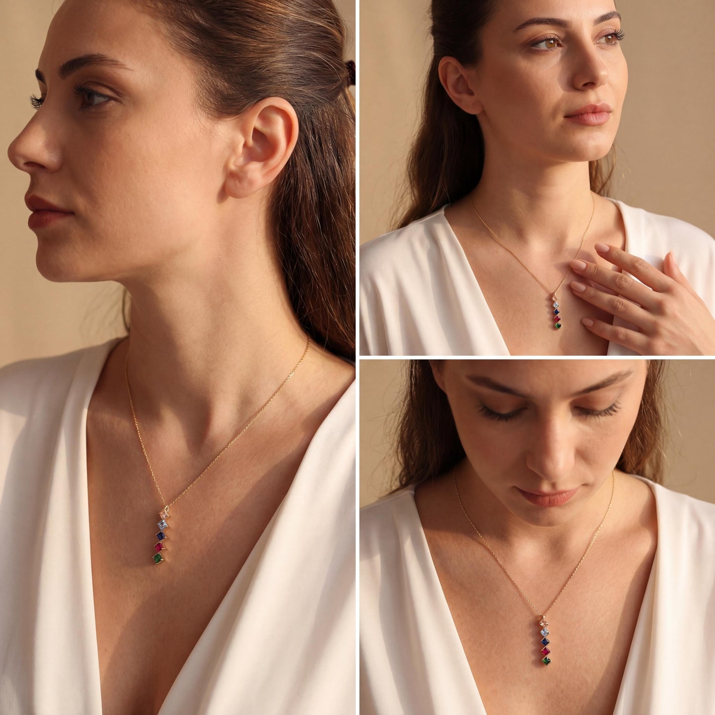 Family Birthstone Necklace, Mothers Necklace, Custom Gemstone Pendant, Mothers Day Gift for Mom, Grandma Jewelry, Dainty Vertical Charm