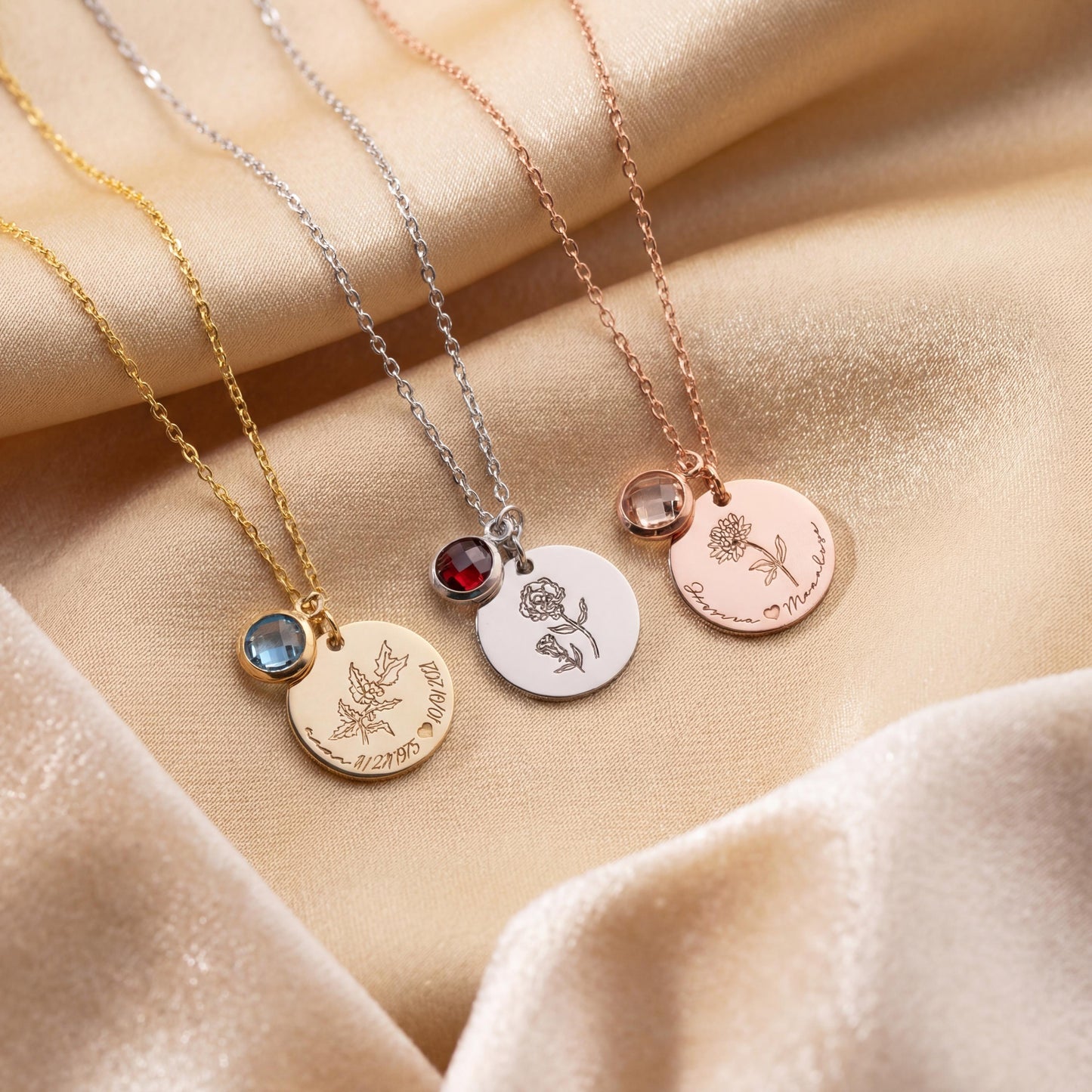 Birth Flower Necklace, Custom Birthstone Gift, Personalized Name Charm, Mothers Day Gift for Mom, Dainty Floral Jewelry, Engraved Disc
