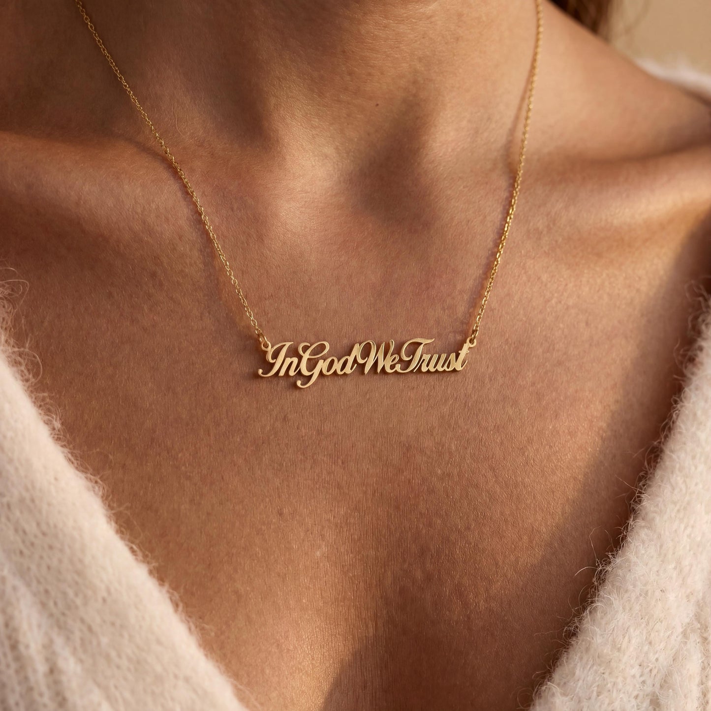 Custom Name Necklace, In God We Trust Pendant, Patriotic Jewelry, Independence Day Gift, Dainty Word Choker, Christian Faith Charm