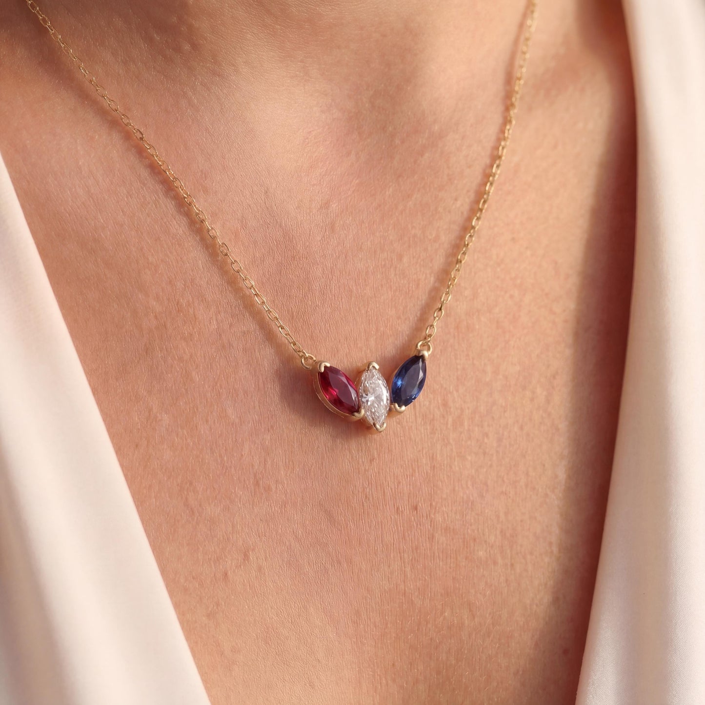 Red White Blue Necklace, Patriotic Jewelry, USA 250th Anniversary, 4th of July Gift, Minimalist Marquise, Dainty American Pendant