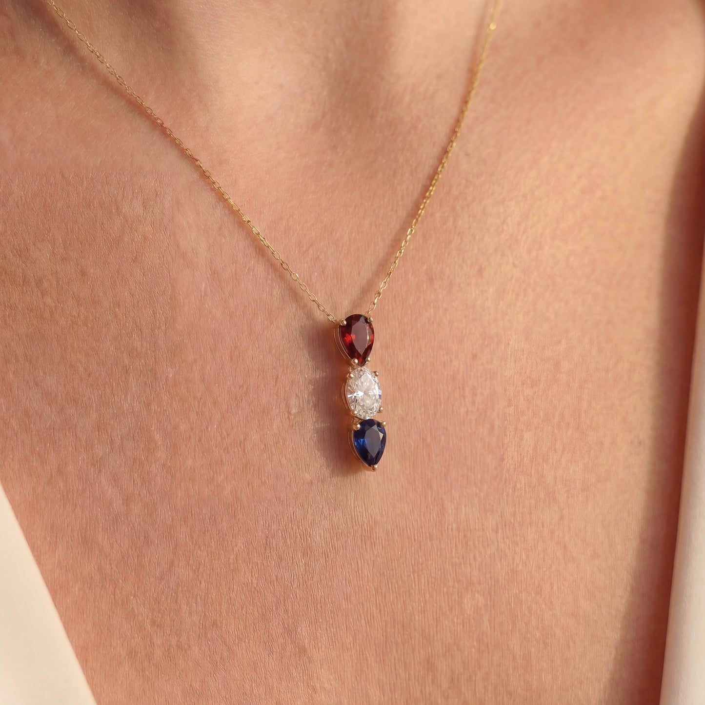 Tear Drop Pendant, Patriotic Necklace, Red White Blue, USA 250th Anniversary, Minimalist Jewelry, July 4th Gift, Dainty Gemstone