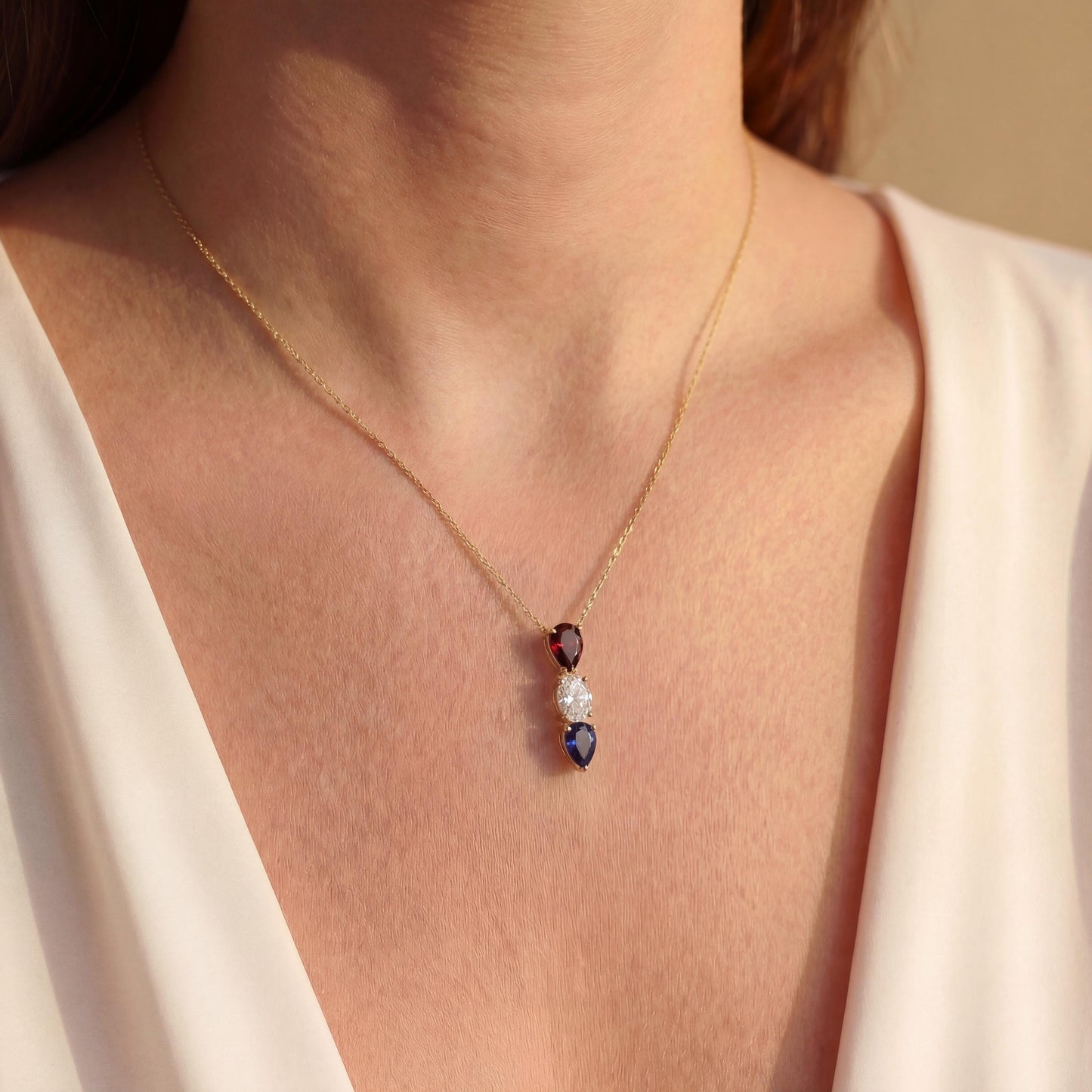 Tear Drop Pendant, Patriotic Necklace, Red White Blue, USA 250th Anniversary, Minimalist Jewelry, July 4th Gift, Dainty Gemstone