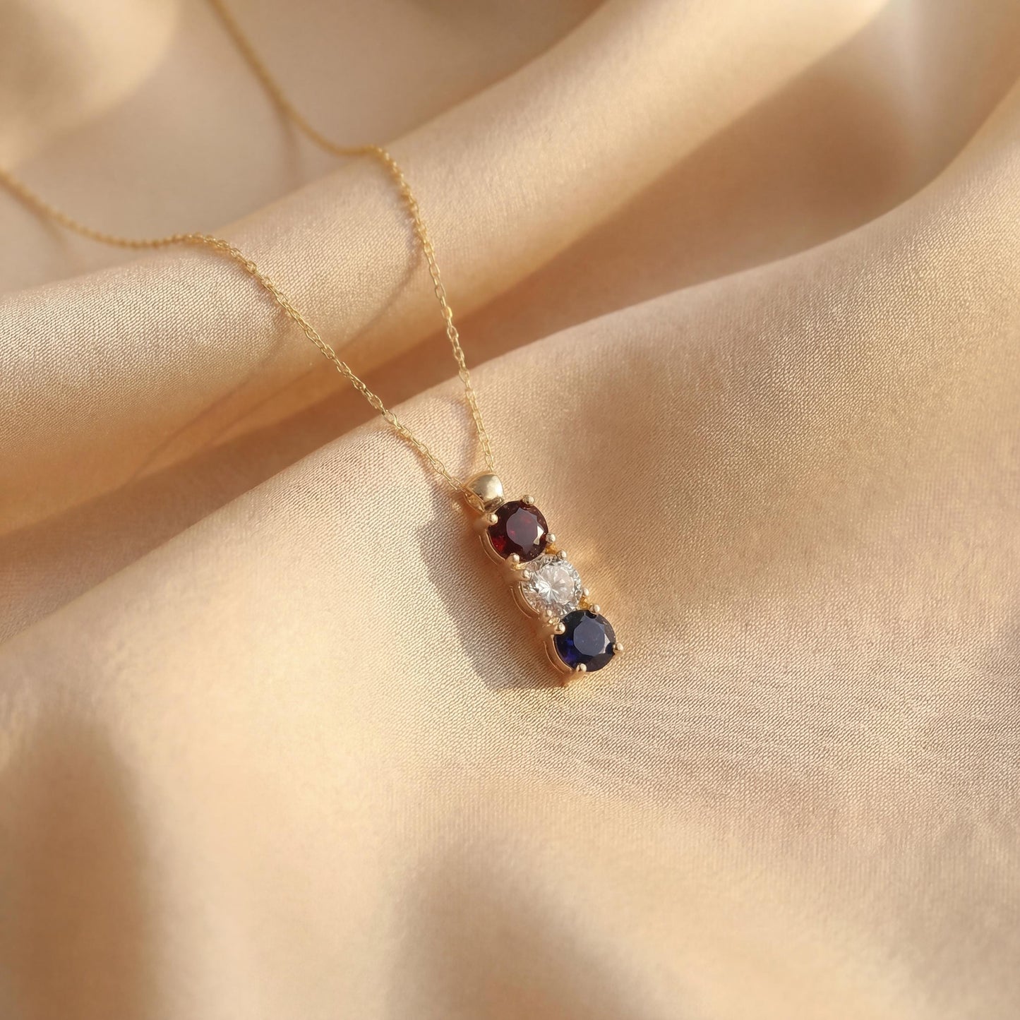 Red White Blue Necklace, Patriotic Gemstone Pendant, US 250th Anniversary Jewelry, Dainty Vertical Three Stone, July 4th Minimalist